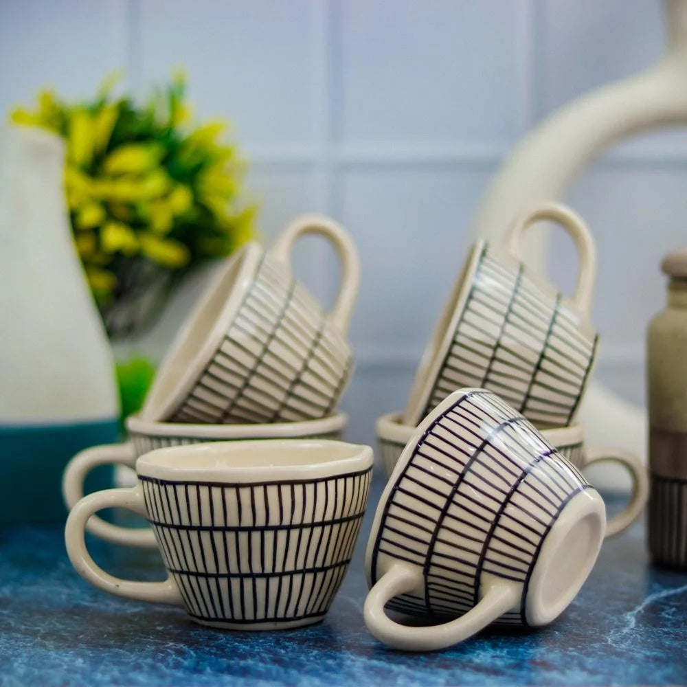 Modern Geometric Pattern Ceramic Coffee Cups, White with Black Chequered Stripes