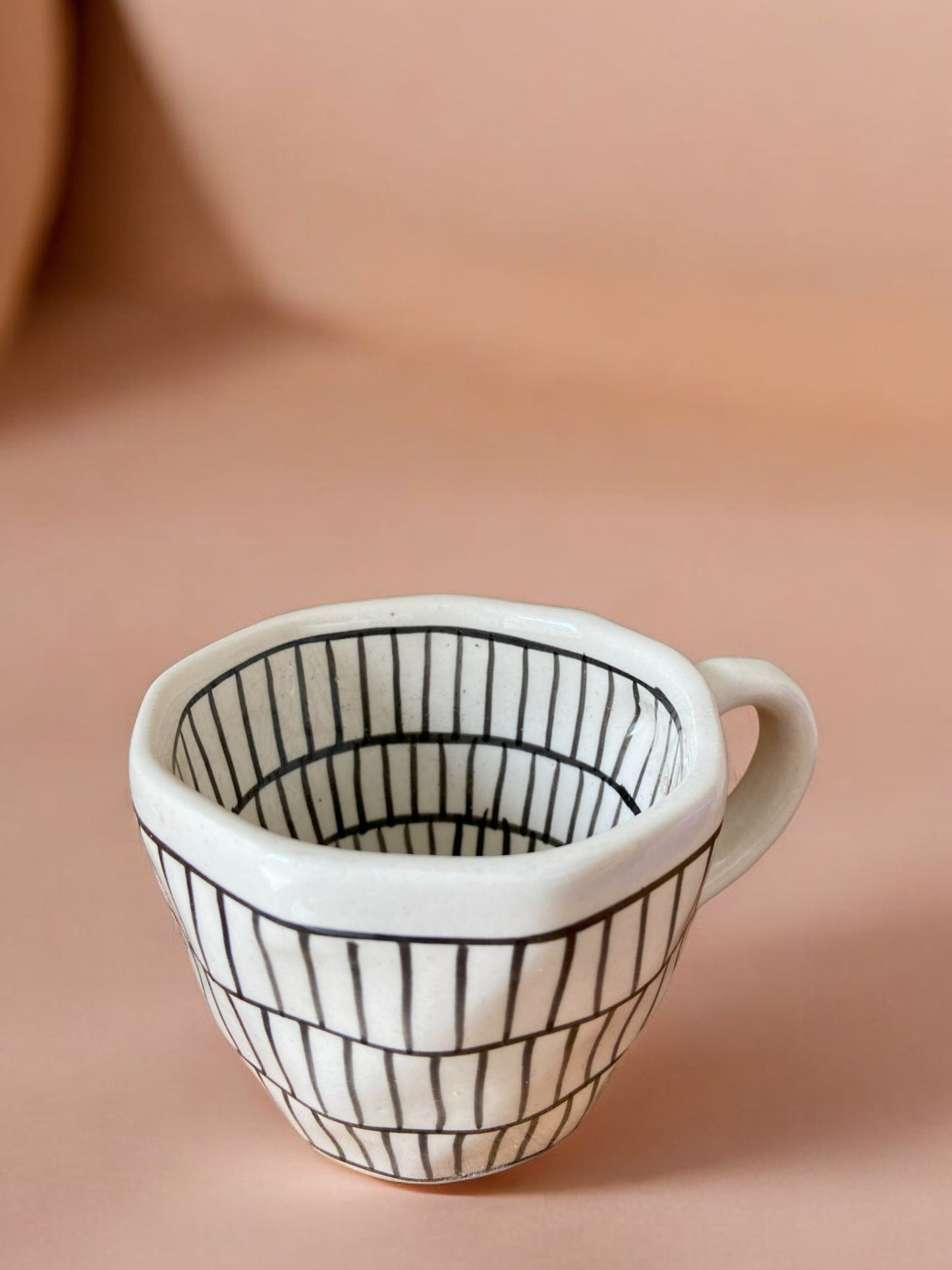 Modern Geometric Pattern Ceramic Coffee Cups, White with Black Chequered Stripes