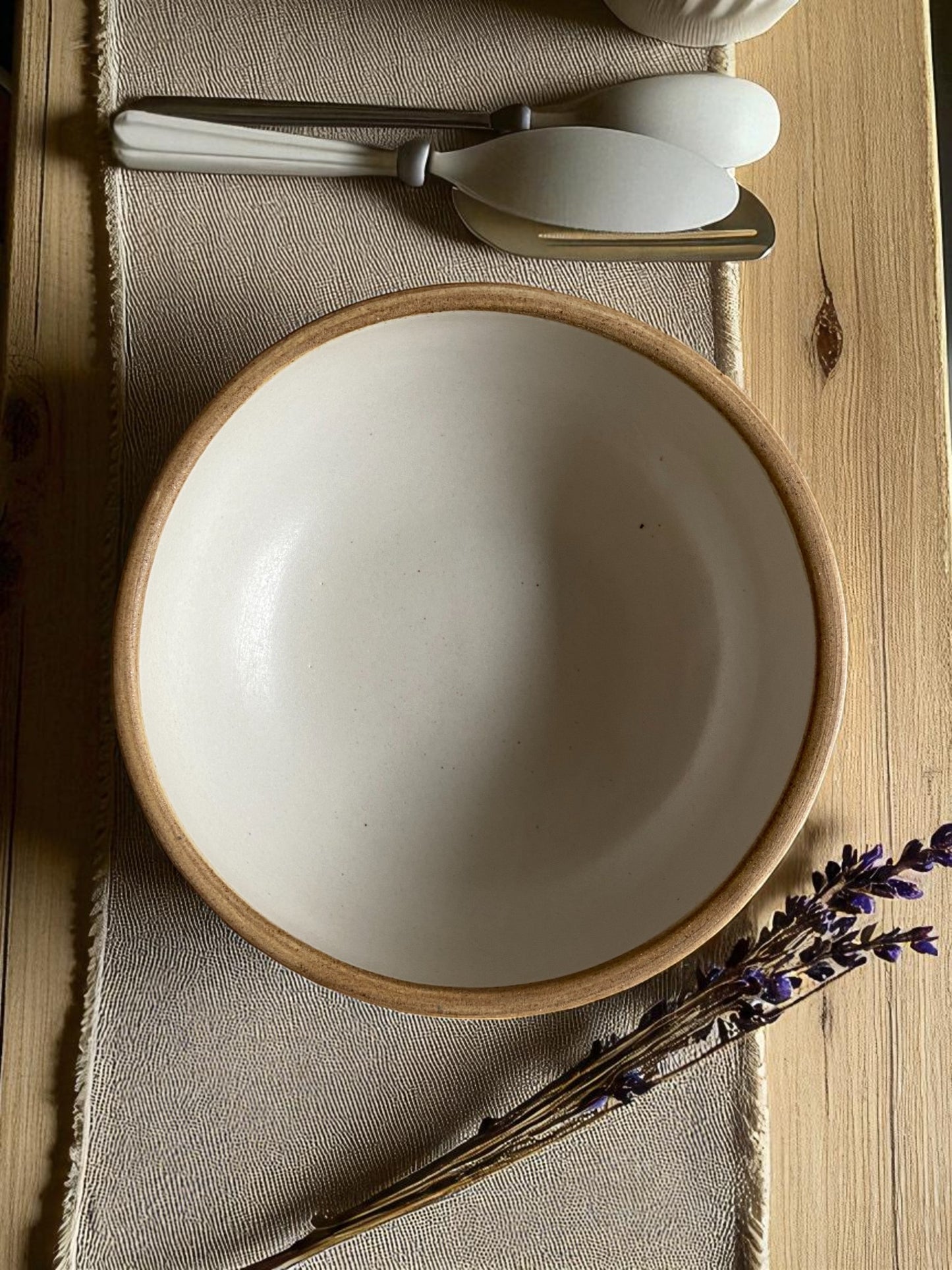 Handcrafted Ceramic Serving Bowl, White Interior with Natural Clay Exterior, Modern Rustic Design