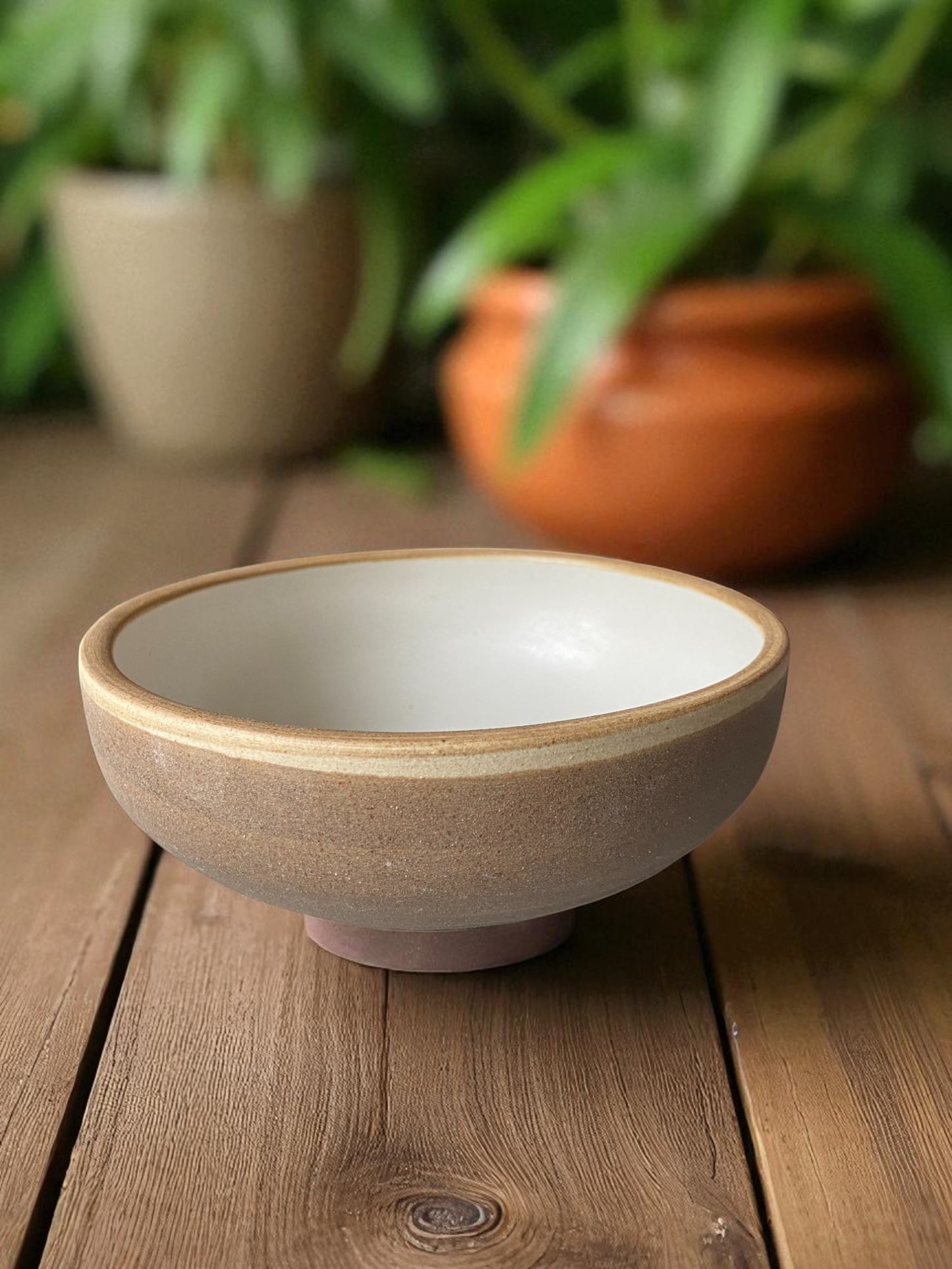 Handcrafted Ceramic Serving Bowl, White Interior with Natural Clay Exterior, Modern Rustic Design