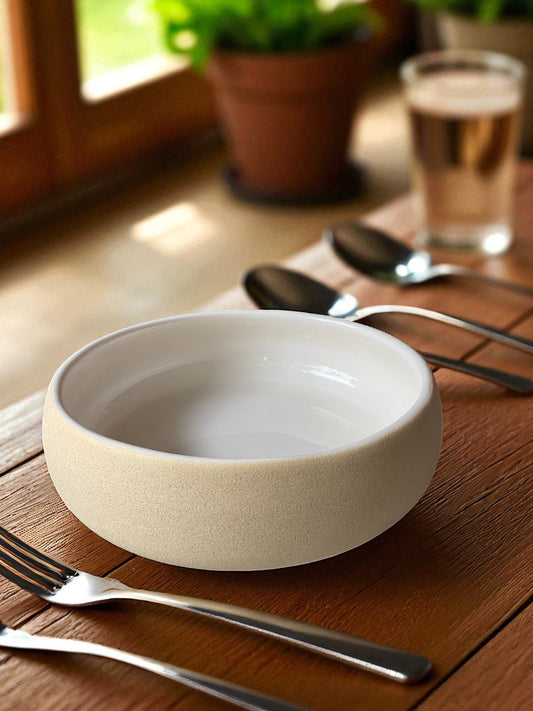Modern Ceramic Serving Bowl, Matte Sand Exterior with White Interior, Deep Round Design