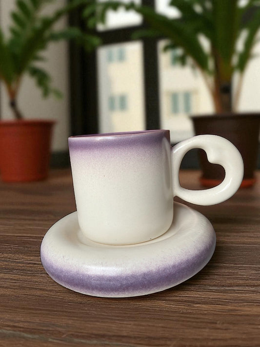 Ceramic Coffee Mug and Saucer Set with Heart Handle
