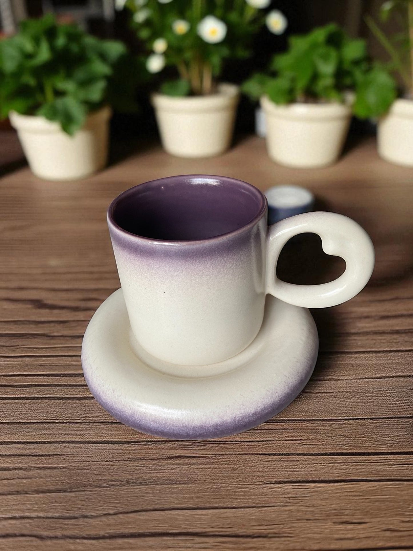 Ceramic Coffee Mug and Saucer Set with Heart Handle