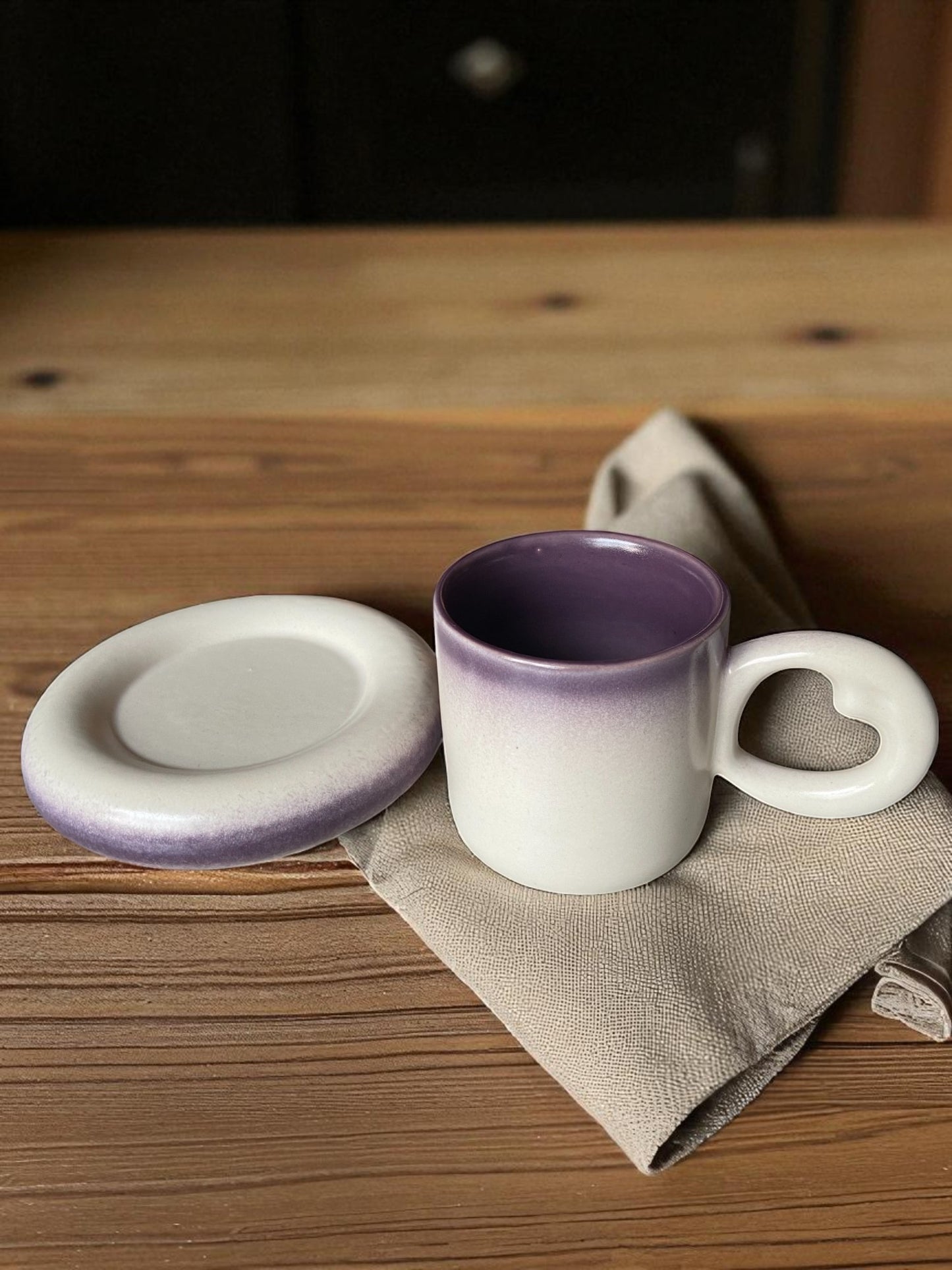 Ceramic Coffee Mug and Saucer Set with Heart Handle