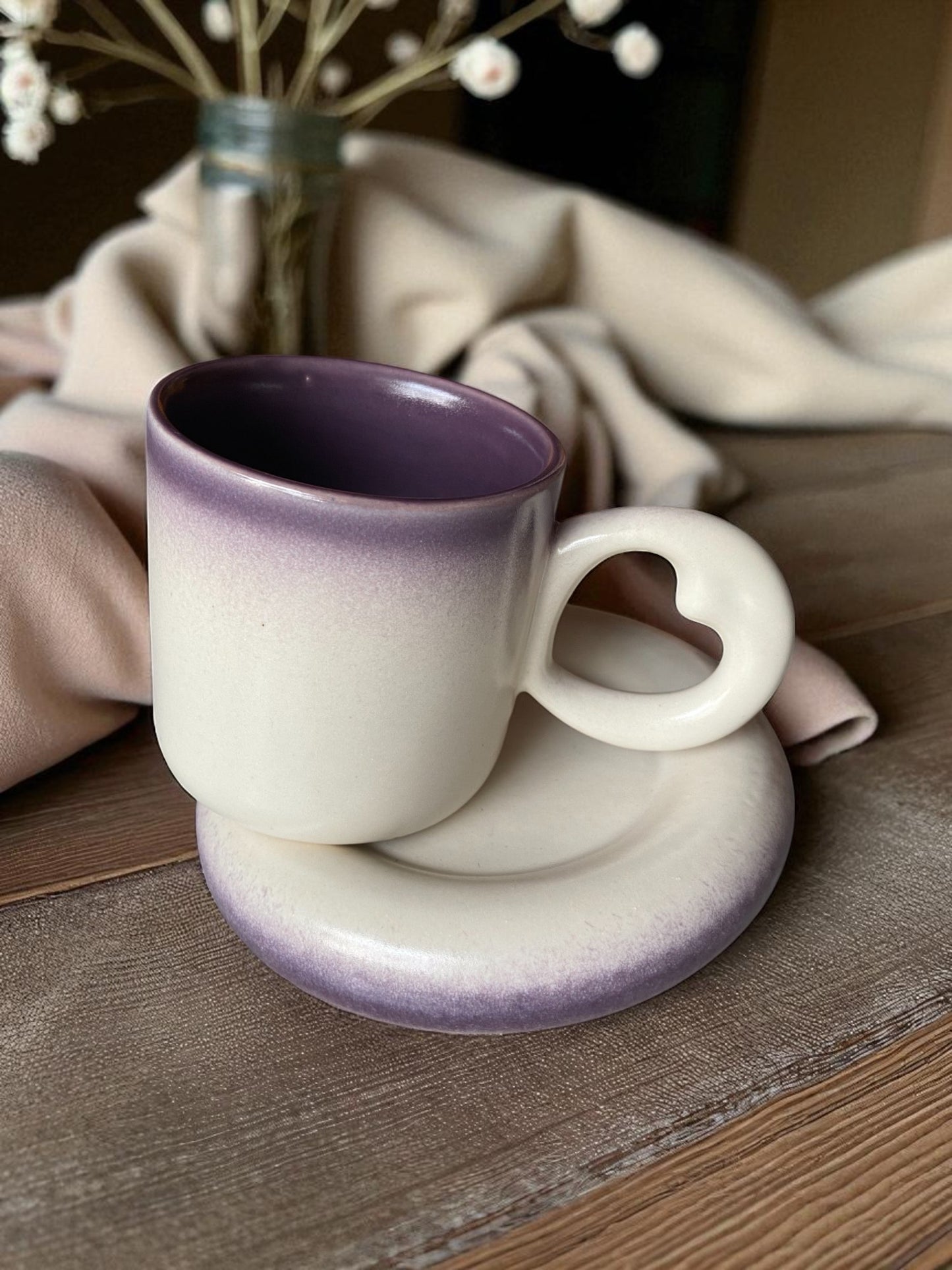 Ceramic Coffee Mug and Saucer Set with Heart Handle