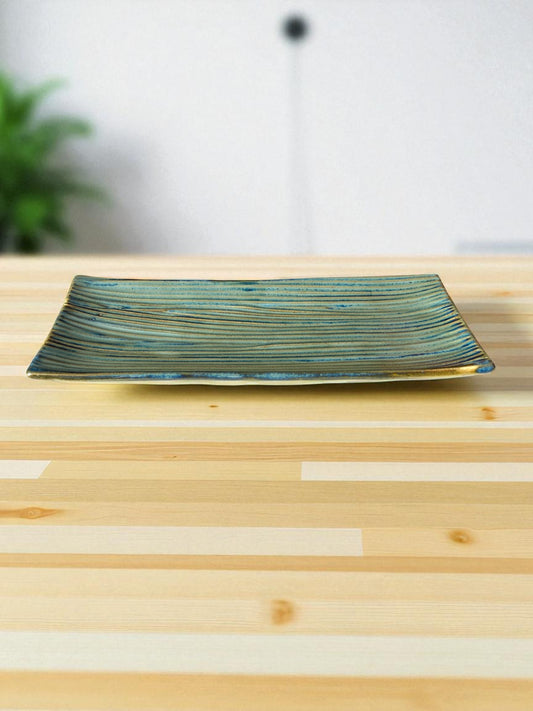 Handcrafted Ceramic Serving Platter, Turquoise Green Striped Pattern, Rectangular Decorative Dish