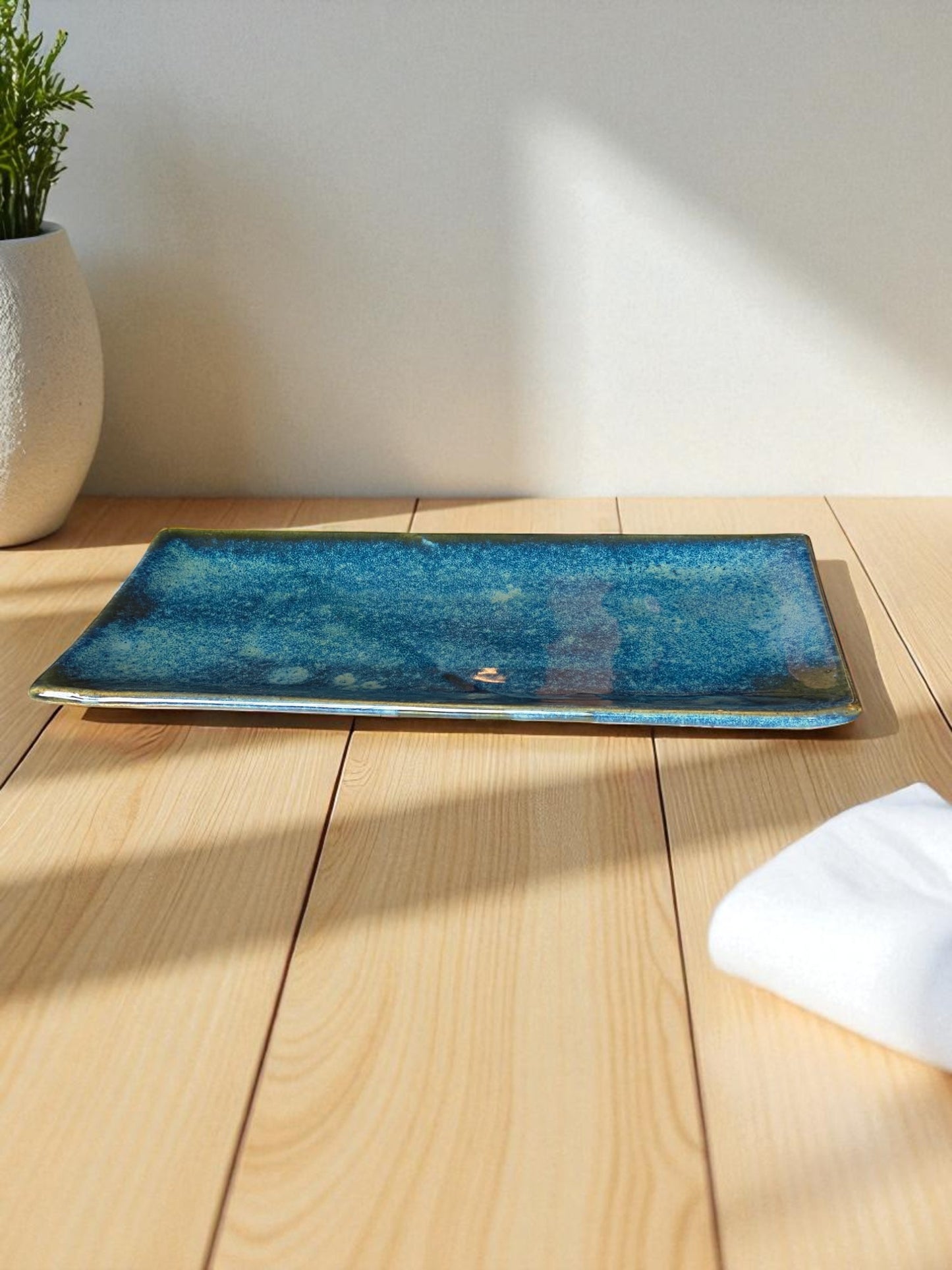 Handcrafted Ceramic Serving Platter, Deep Ocean Blue, Glazed Finish