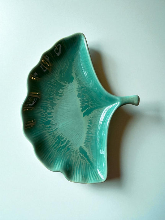 Decorative Ceramic Leaf Dish, Turquoise Green Glazed, Handcrafted Trinket Tray
