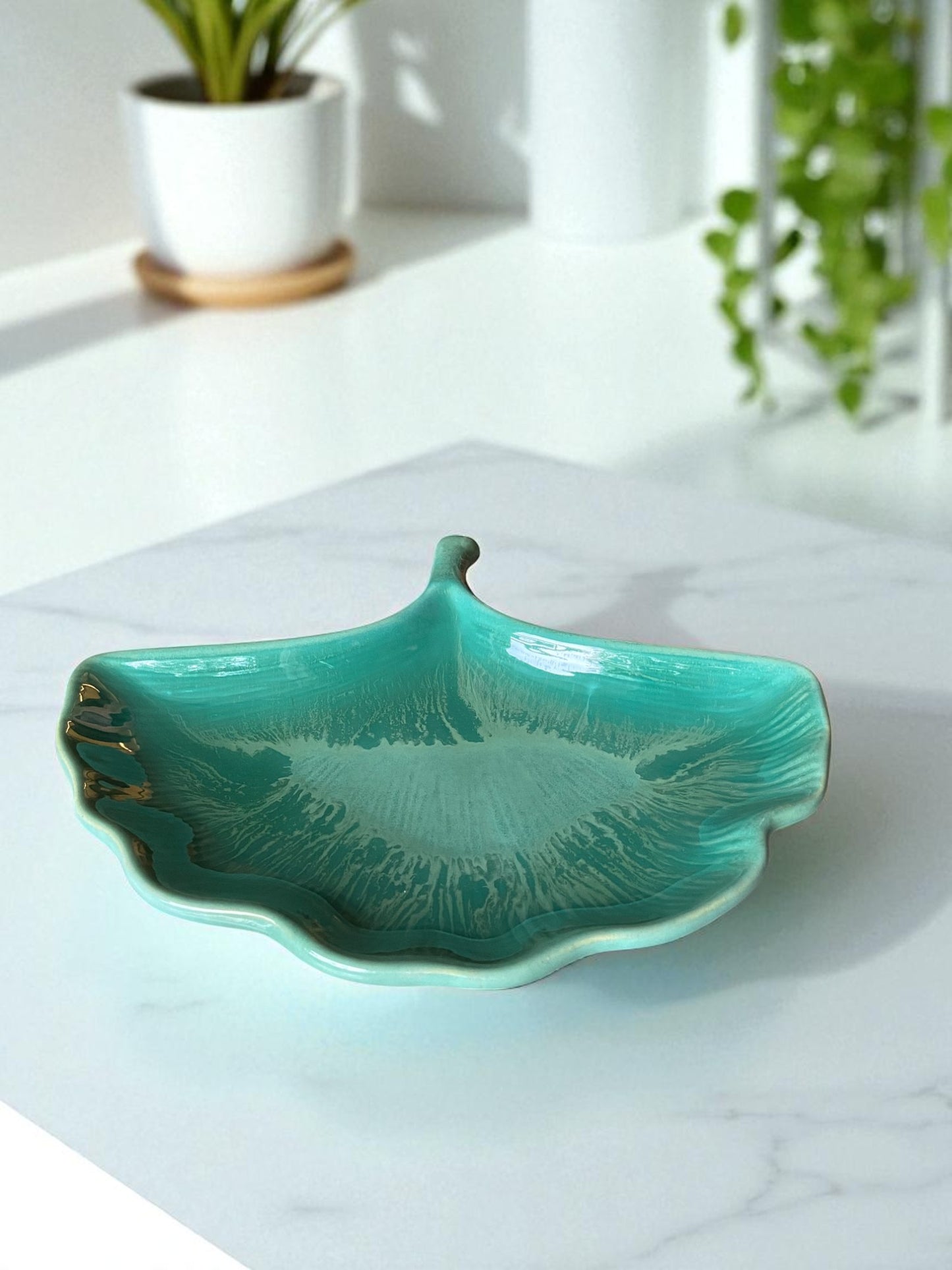 Decorative Ceramic Leaf Dish, Turquoise Green Glazed, Handcrafted Trinket Tray
