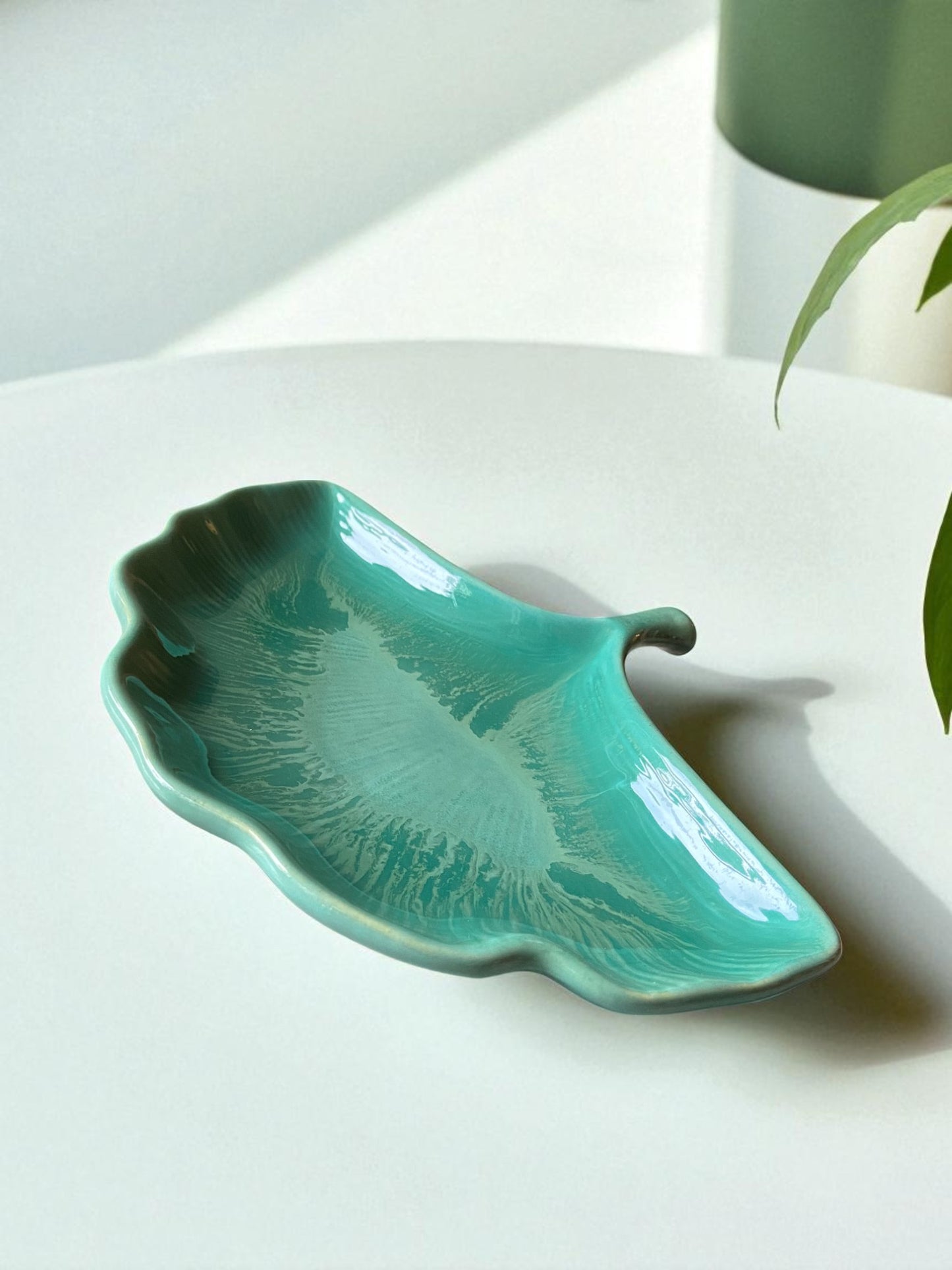 Decorative Ceramic Leaf Dish, Turquoise Green Glazed, Handcrafted Trinket Tray