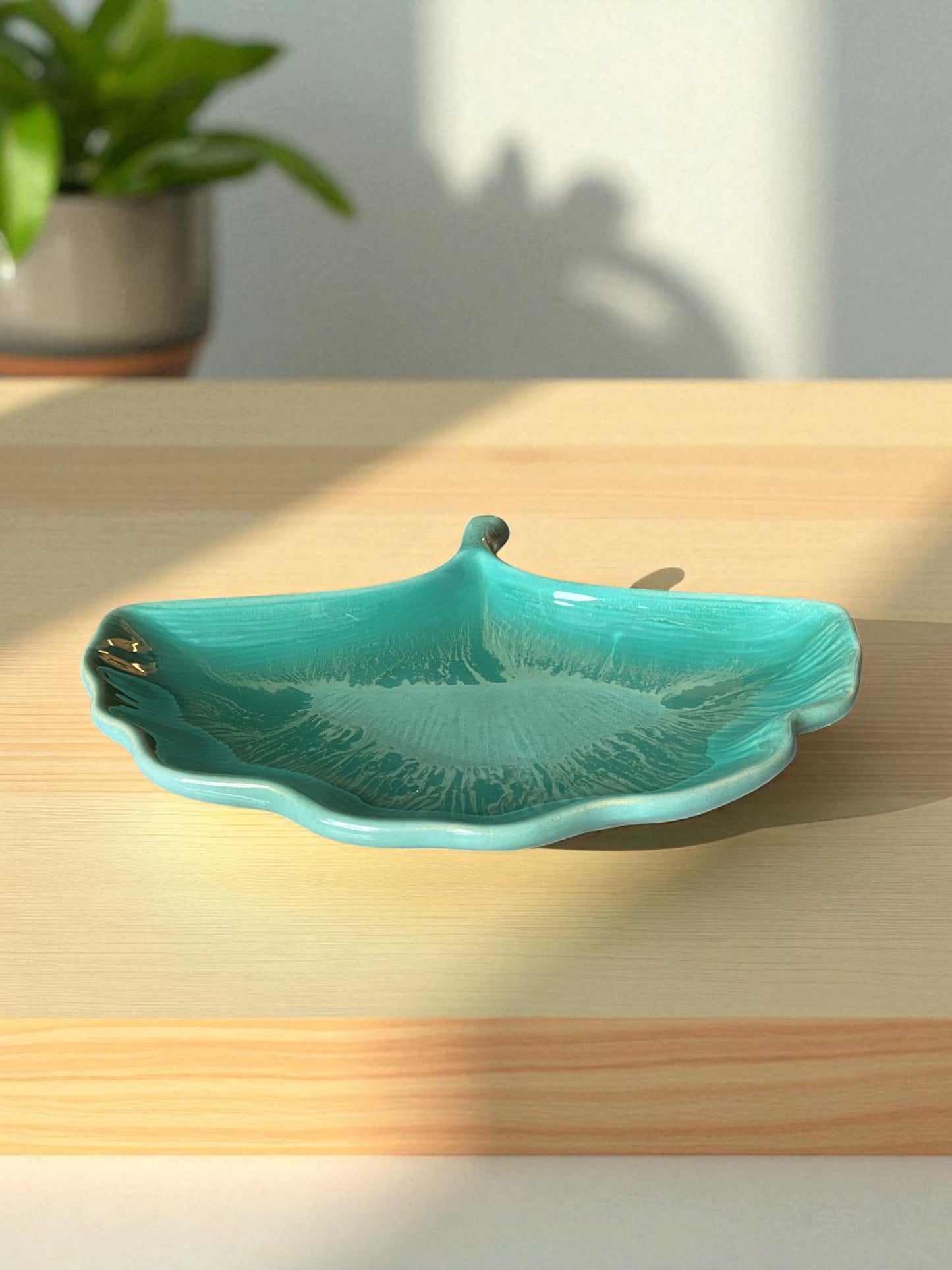 Decorative Ceramic Leaf Dish, Turquoise Green Glazed, Handcrafted Trinket Tray