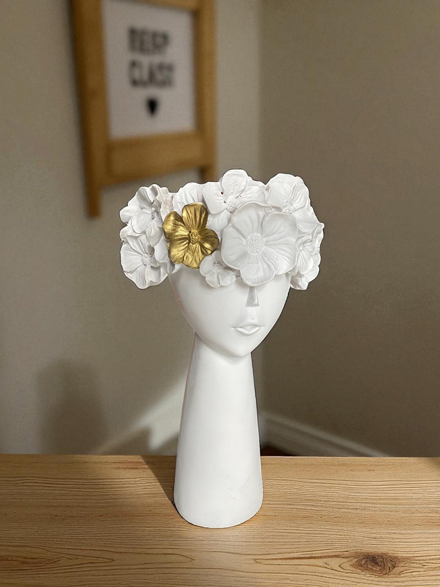 Decorative Charming Lady Head Vase with Gold Floral Crown