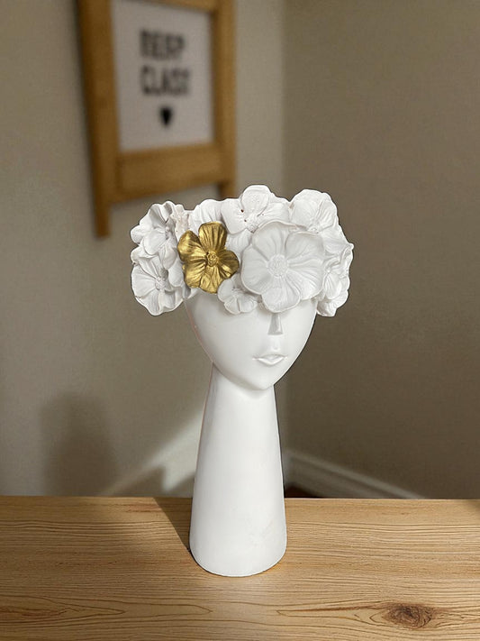 Decorative Charming Lady Head Vase with Gold Floral Crown