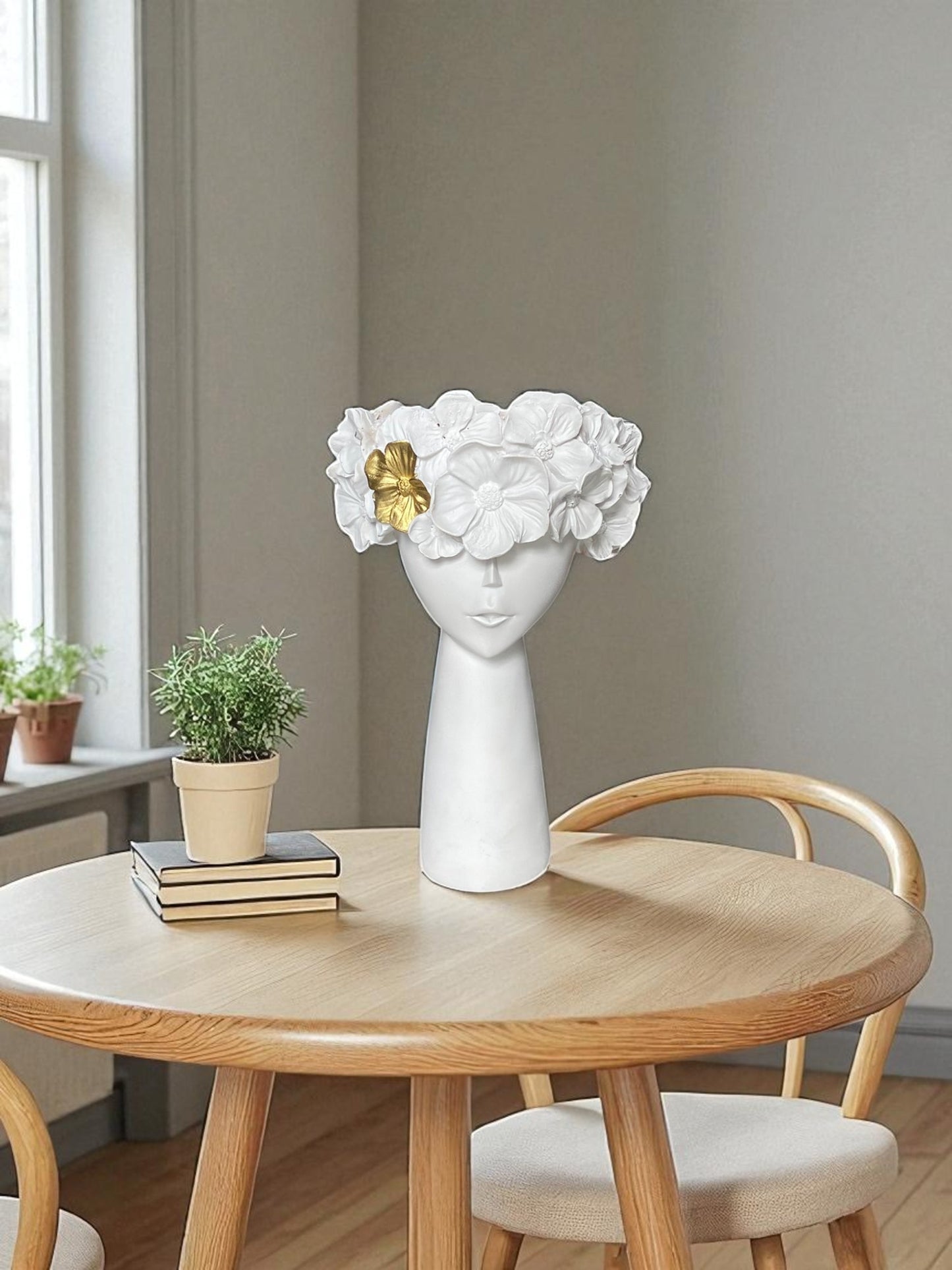 Decorative Charming Lady Head Vase with Gold Floral Crown