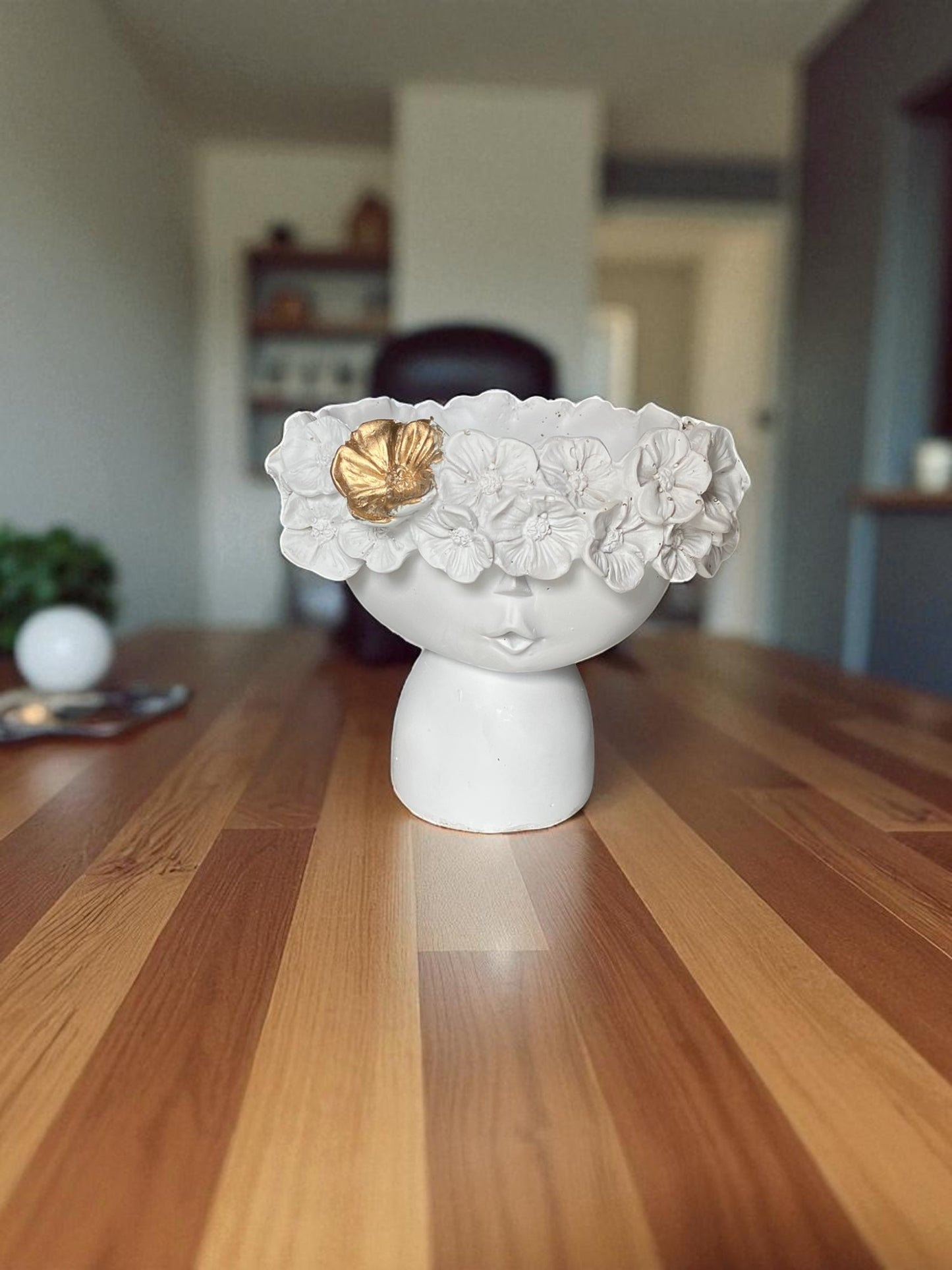 Decorative Girl Face Planter with Floral Crown and Gold Accent