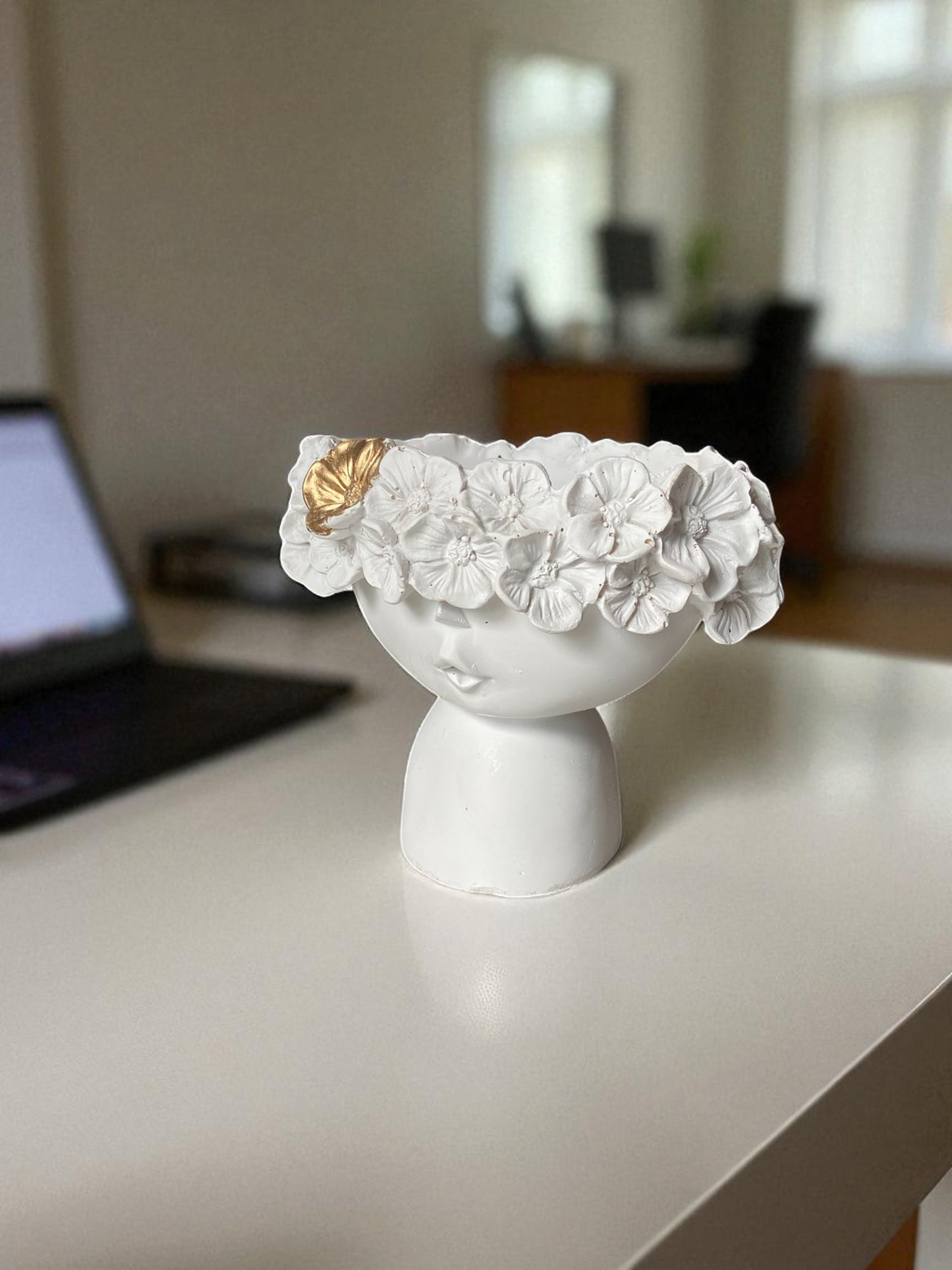 Decorative Girl Face Planter with Floral Crown and Gold Accent