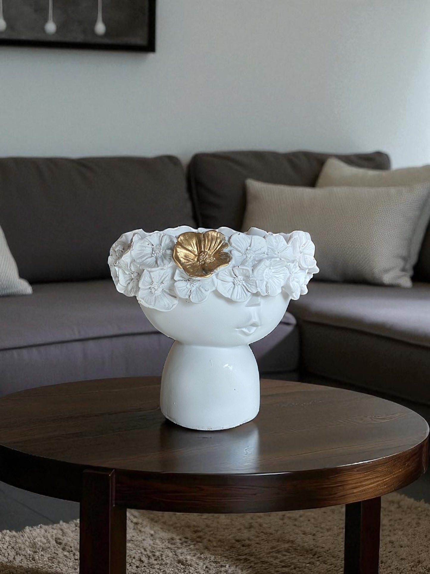 Decorative Girl Face Planter with Floral Crown and Gold Accent