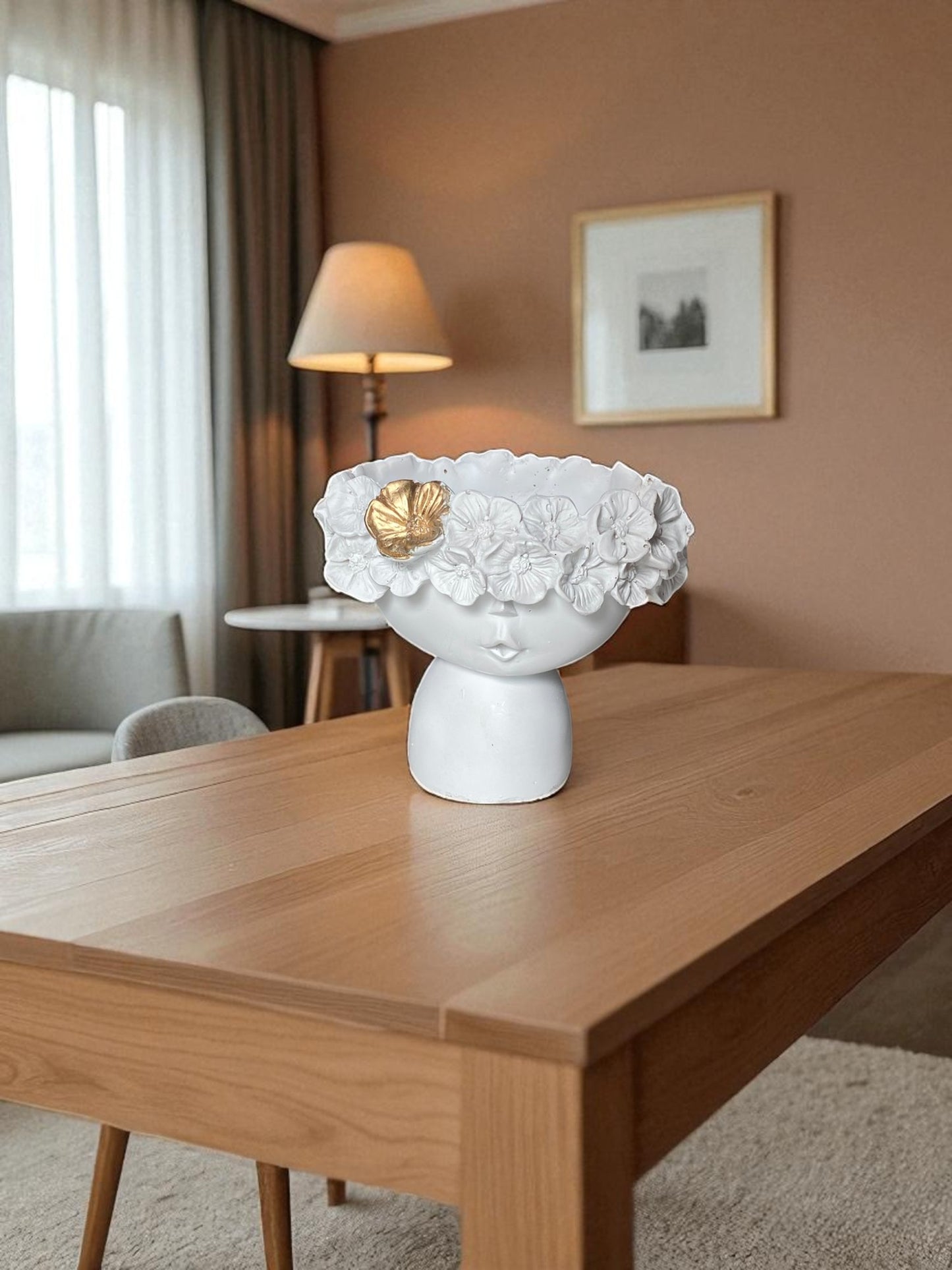 Decorative Girl Face Planter with Floral Crown and Gold Accent