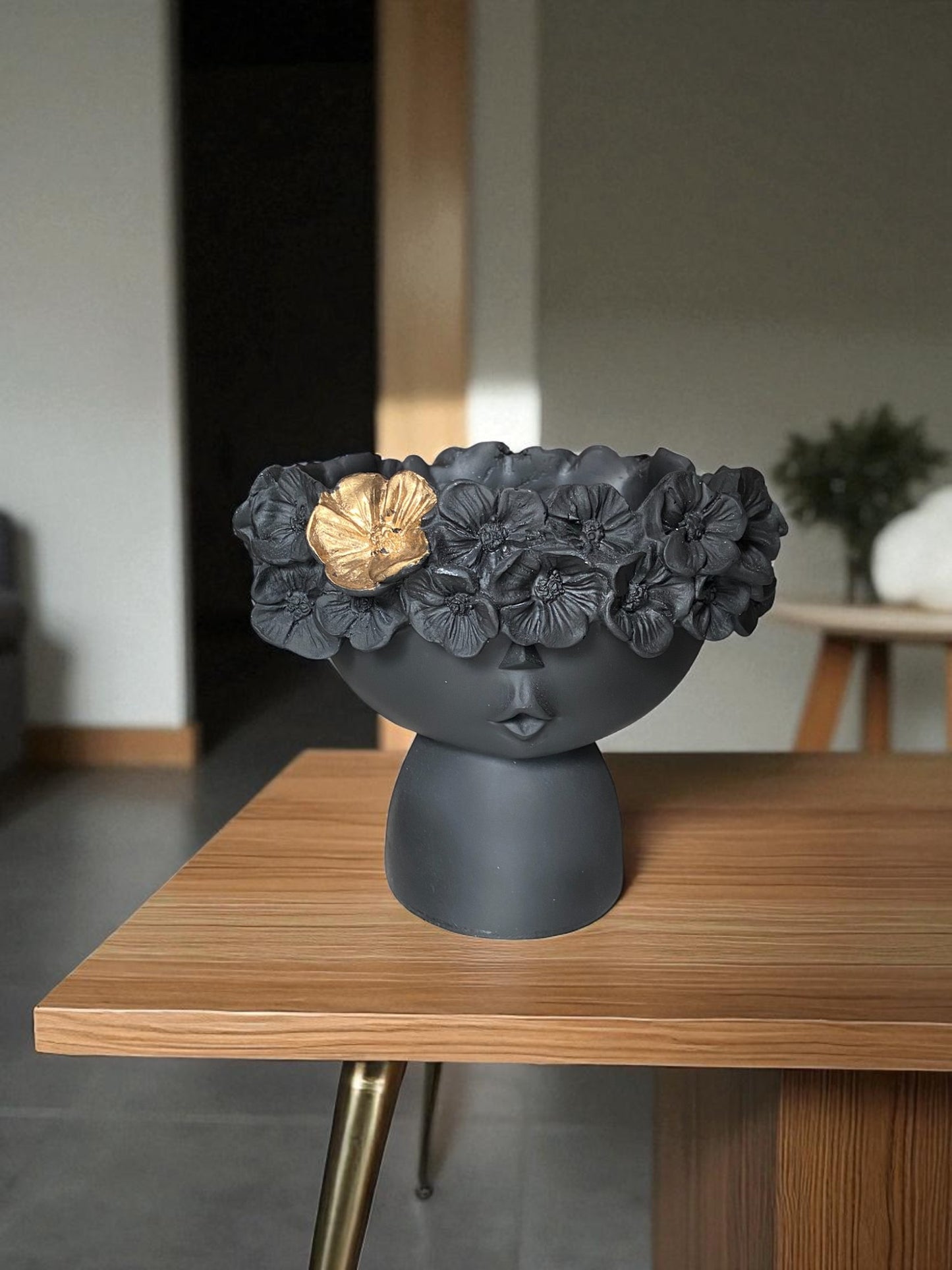 Decorative Girl Face Planter with Floral Crown and Gold Accent