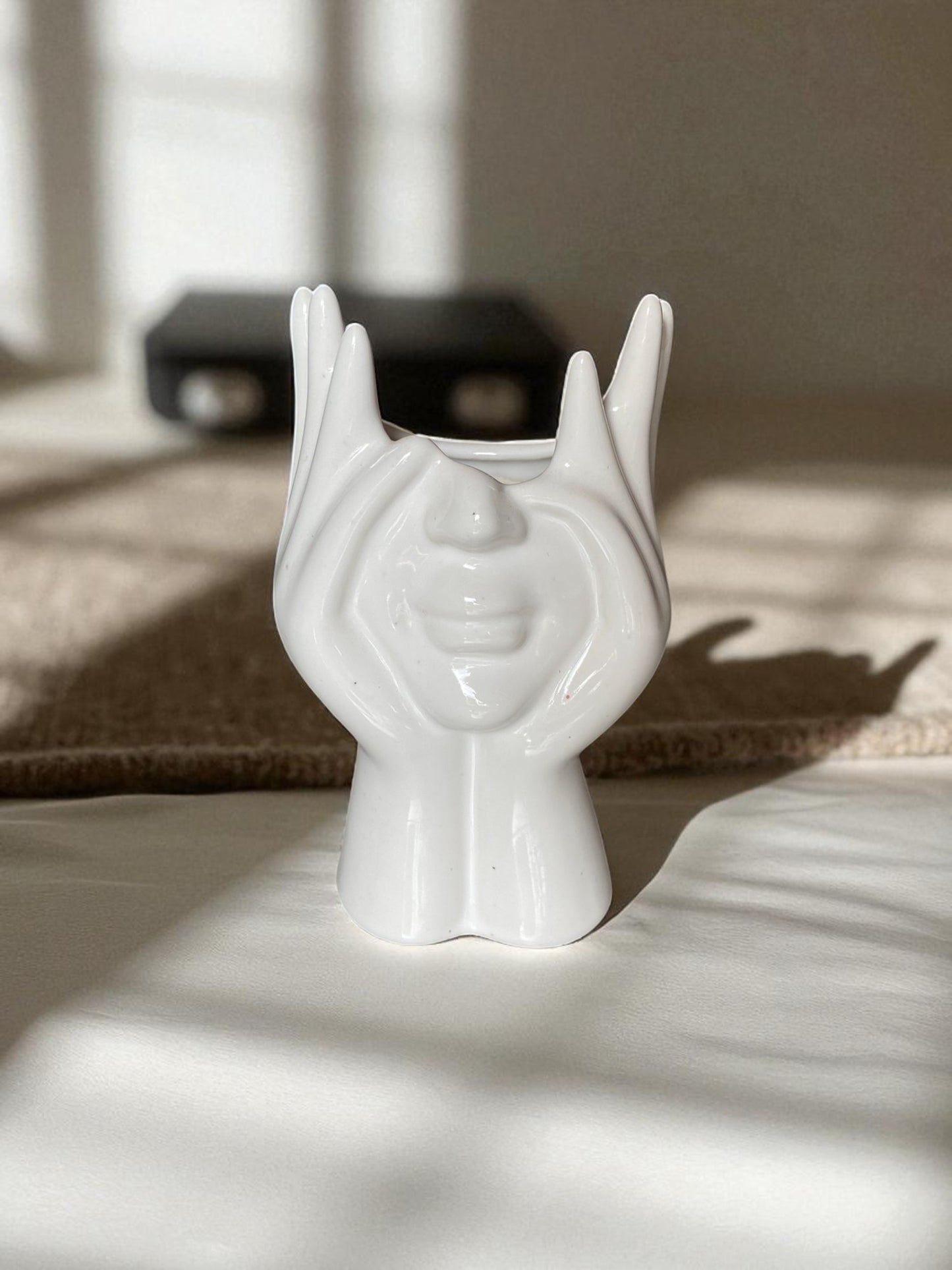 Modern Abstract Face Ceramic Vase, White Decorative Sculpture