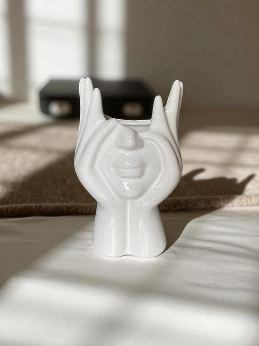 Modern Abstract Face Ceramic Vase, White Decorative Sculpture