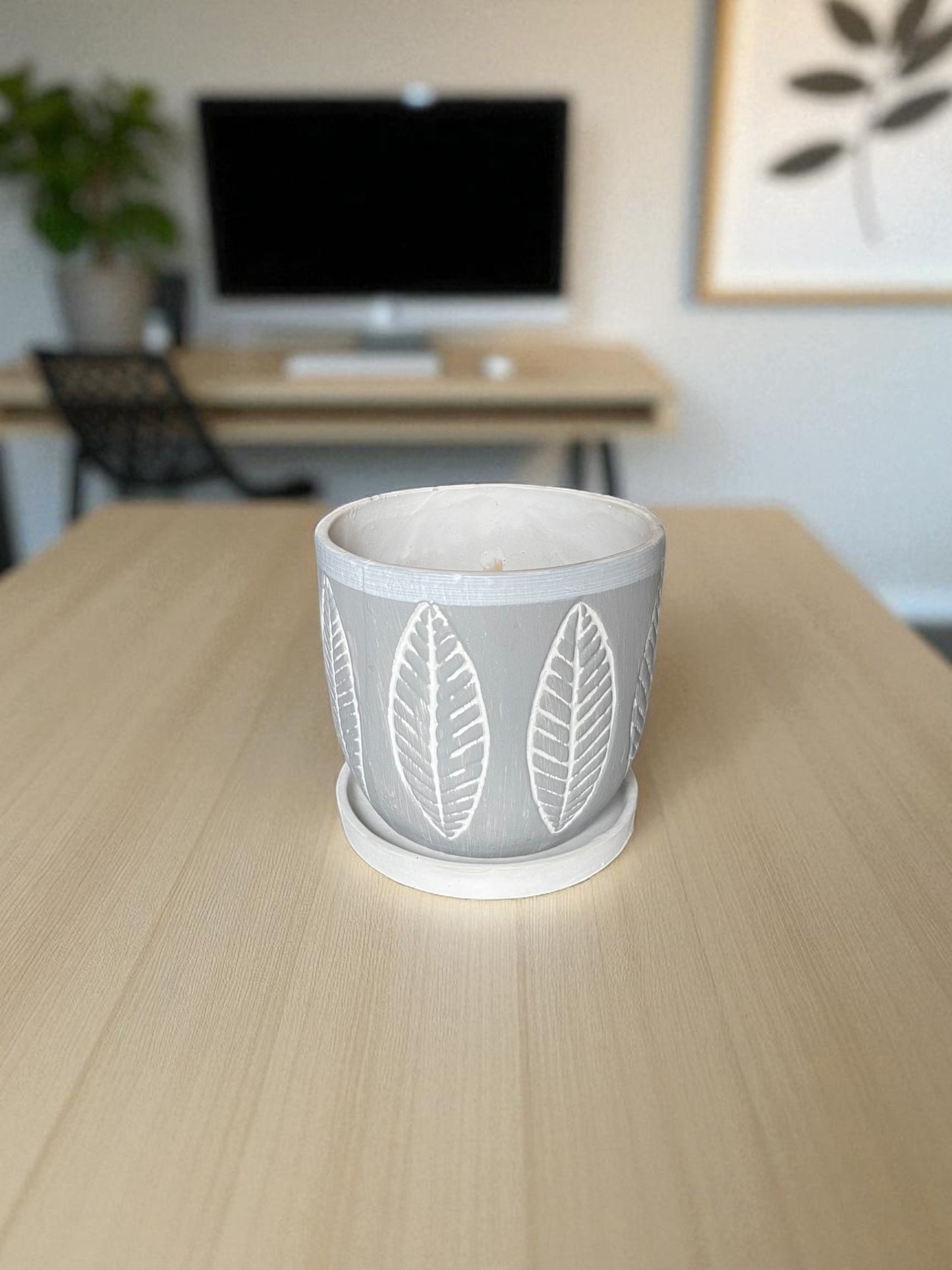Decorative Ceramic Plant Pot with White Leaf Pattern, Grey and White, with Drainage Saucer