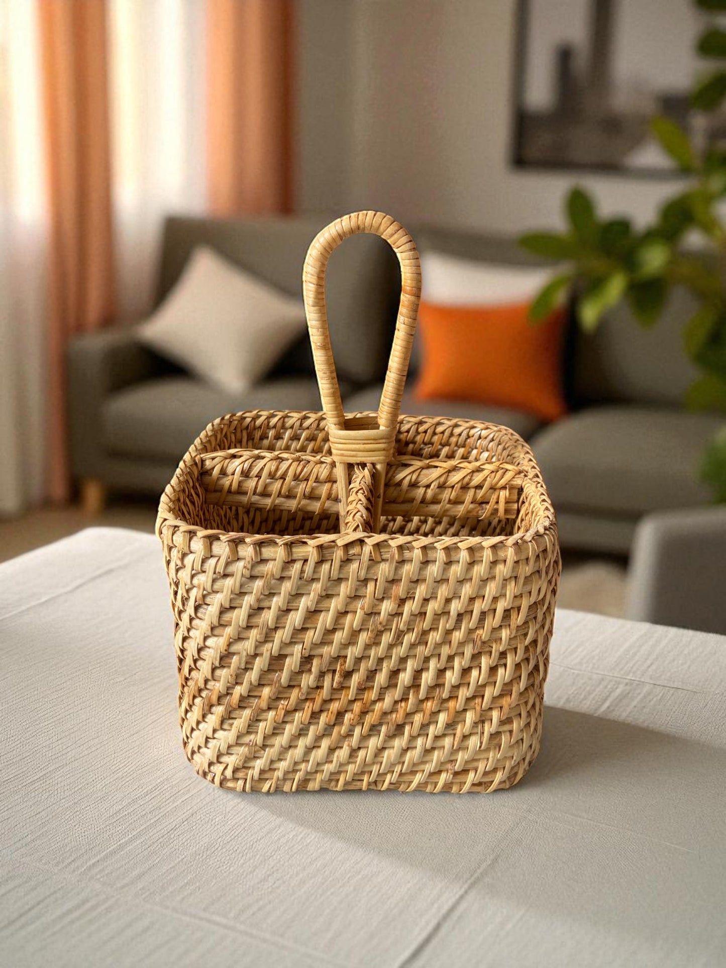 Handwoven Rattan Square Storage Basket with Handle, Natural Wicker