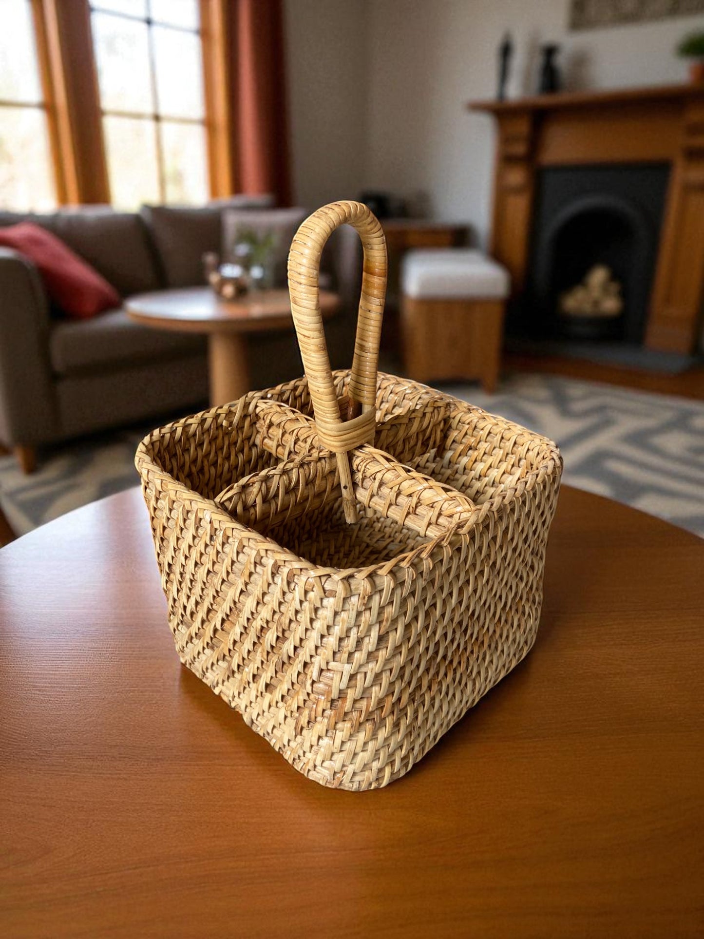 Handwoven Rattan Square Storage Basket with Handle, Natural Wicker