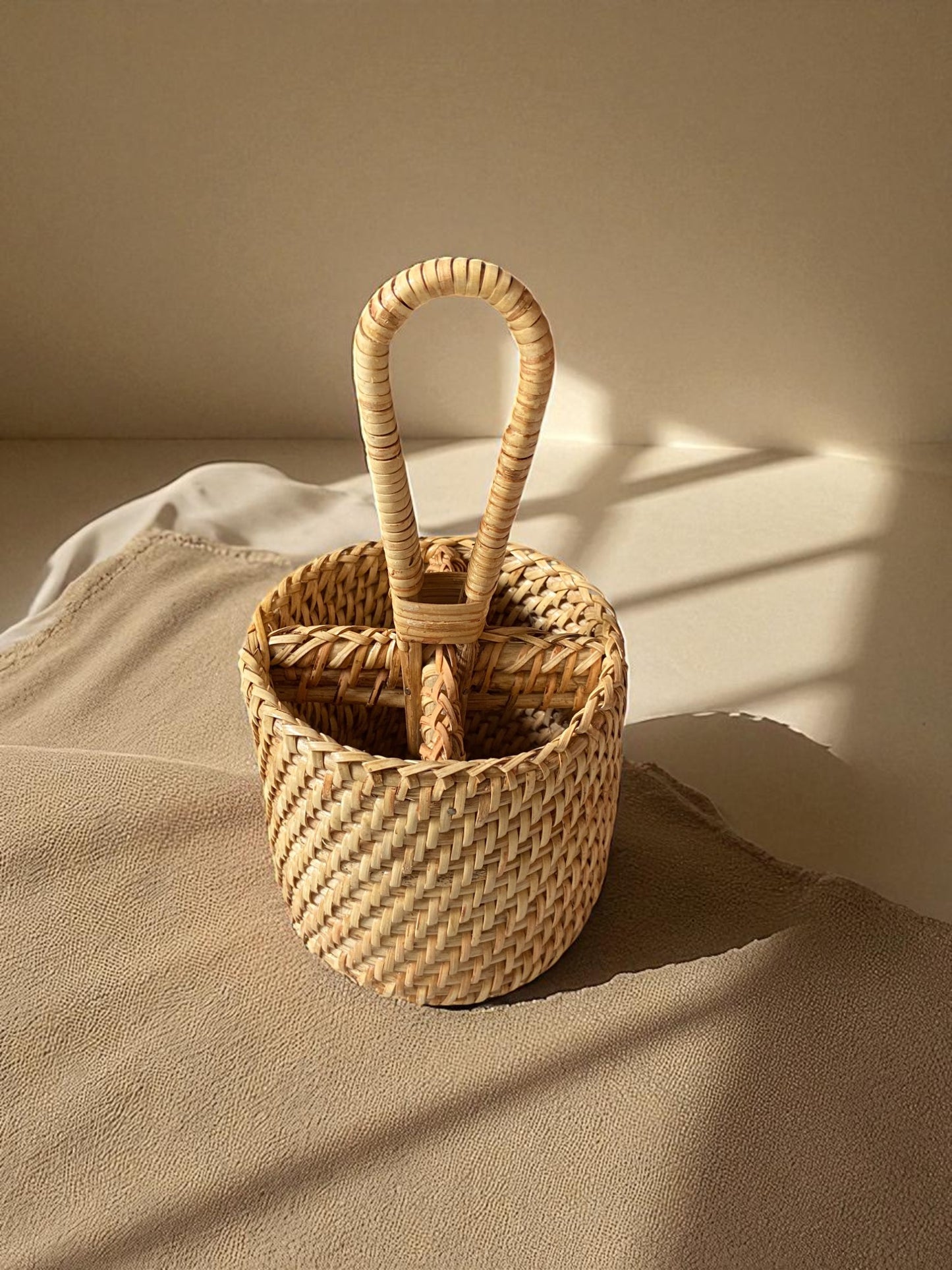 Handwoven Natural Rattan Round Storage Basket with Handle