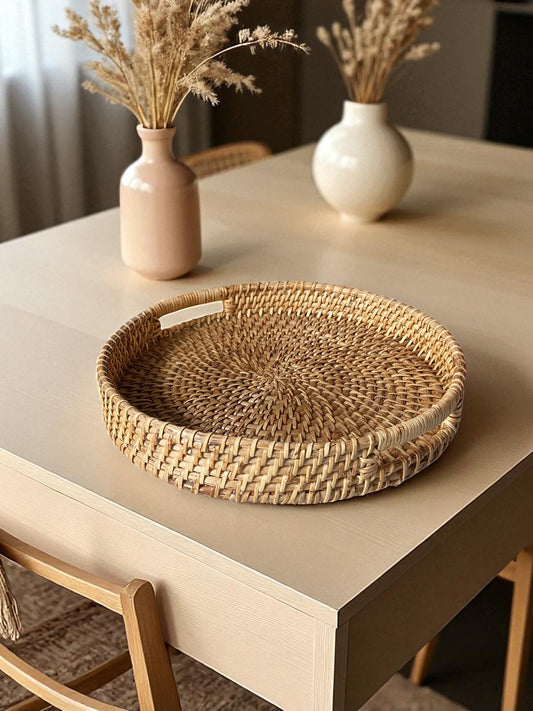 Handwoven Rattan Serving Tray, Natural Round Wicker Tray