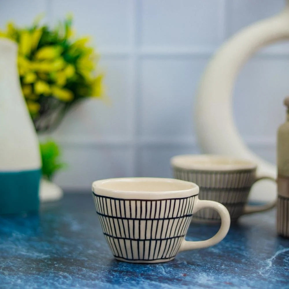 Modern Geometric Pattern Ceramic Coffee Cups, White with Black Stripes/Lines