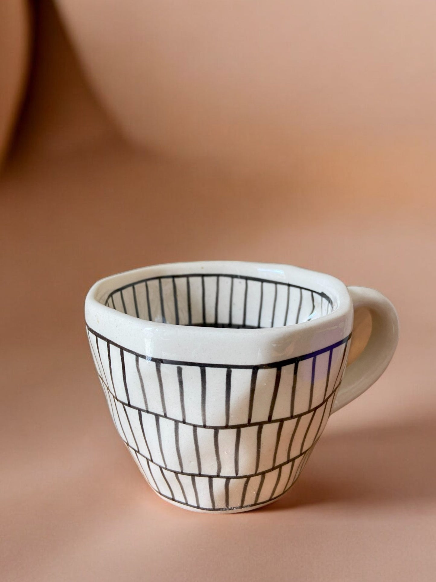 Modern Geometric Pattern Ceramic Coffee Cups, White with Black Chequered Stripes