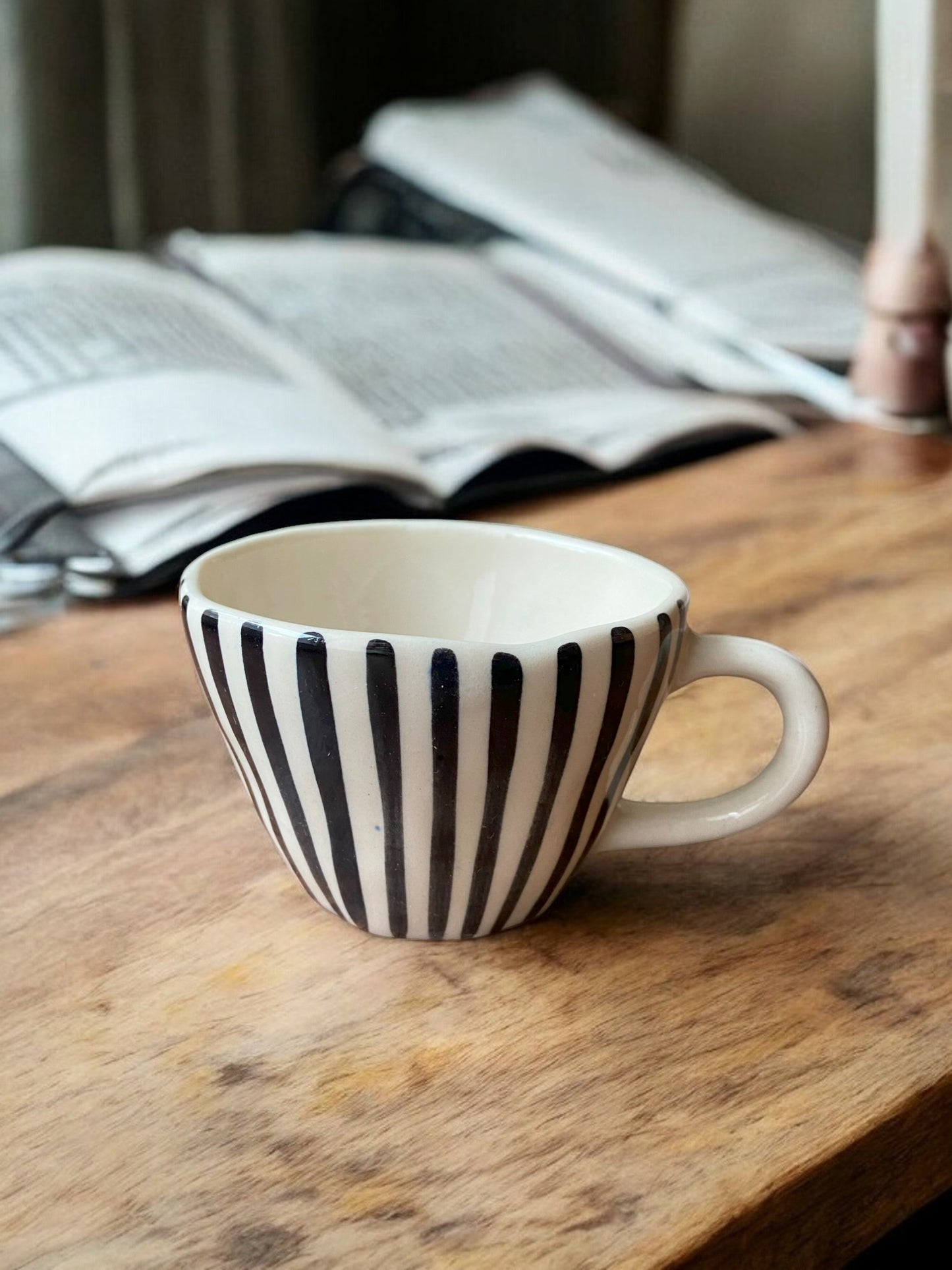 Modern Geometric Pattern Ceramic Coffee Cups, White with Black Stripes/Lines