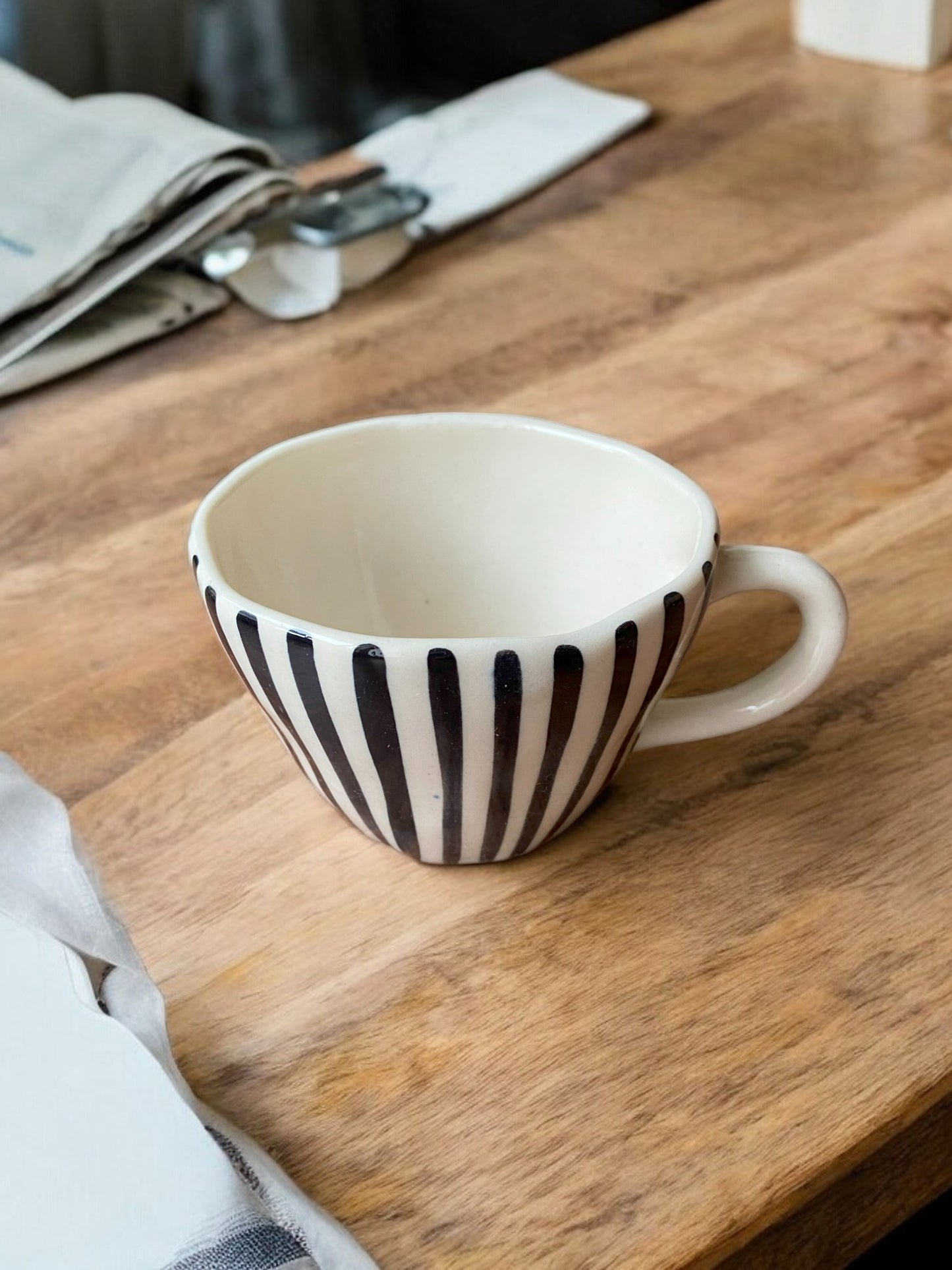 Modern Geometric Pattern Ceramic Coffee Cups, White with Black Stripes/Lines