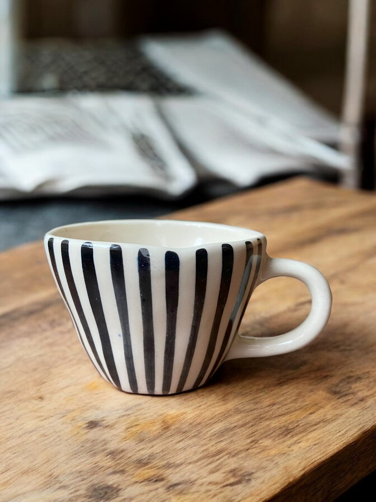 Modern Geometric Pattern Ceramic Coffee Cups, White with Black Stripes/Lines