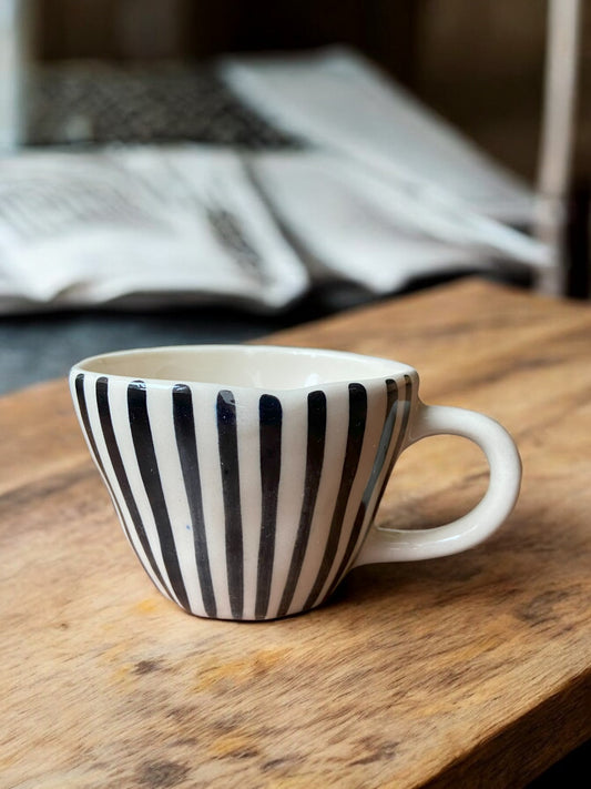 Modern Geometric Pattern Ceramic Coffee Cups, White with Black Stripes/Lines