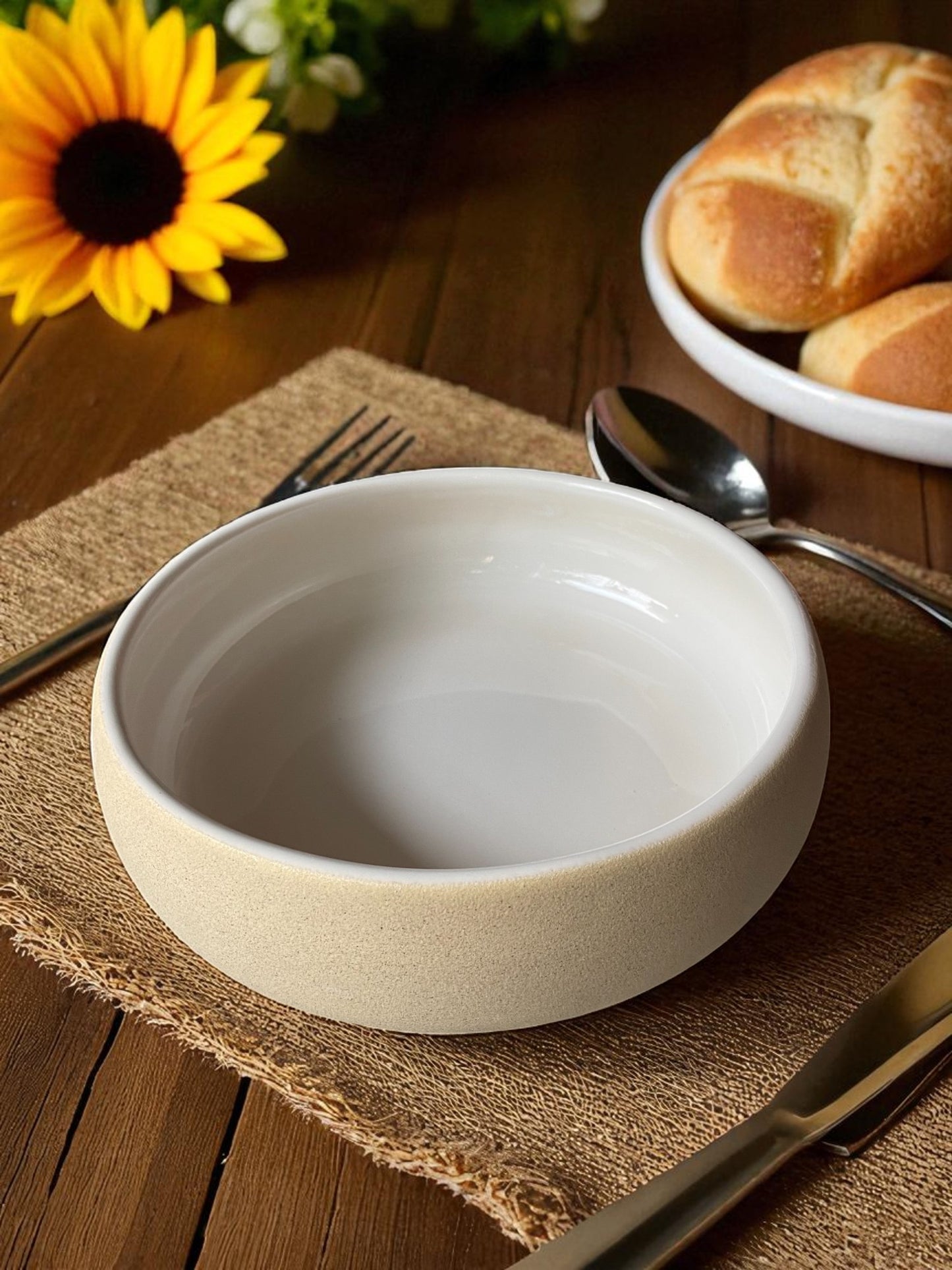 Modern Ceramic Serving Bowl, Matte Sand Exterior with White Interior, Deep Round Design