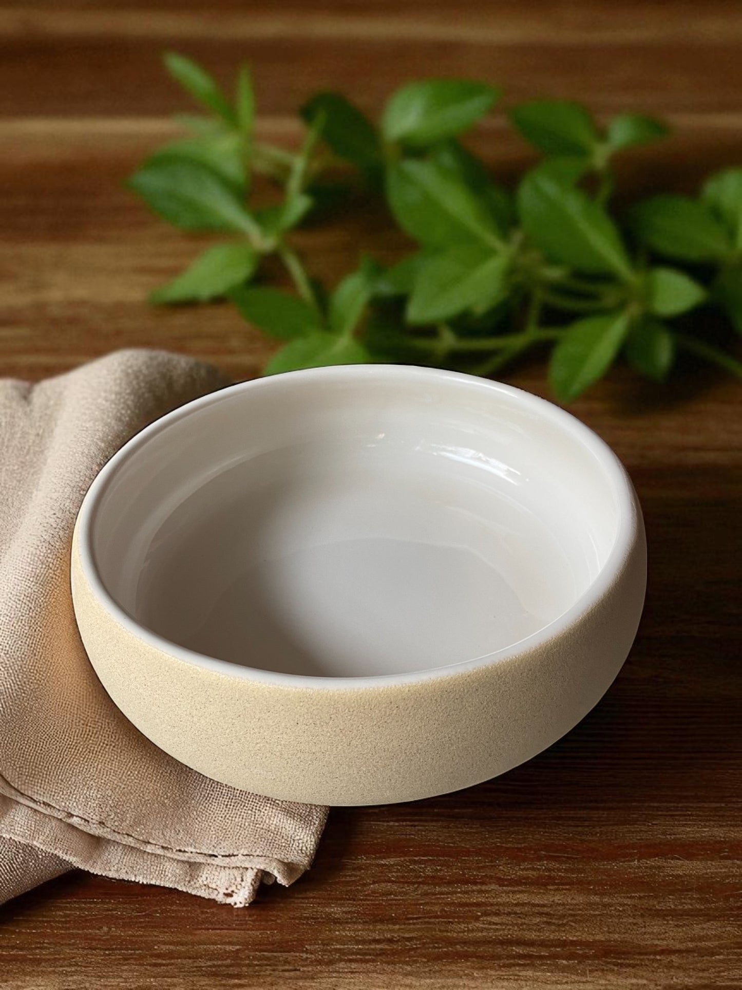Modern Ceramic Serving Bowl, Matte Sand Exterior with White Interior, Deep Round Design