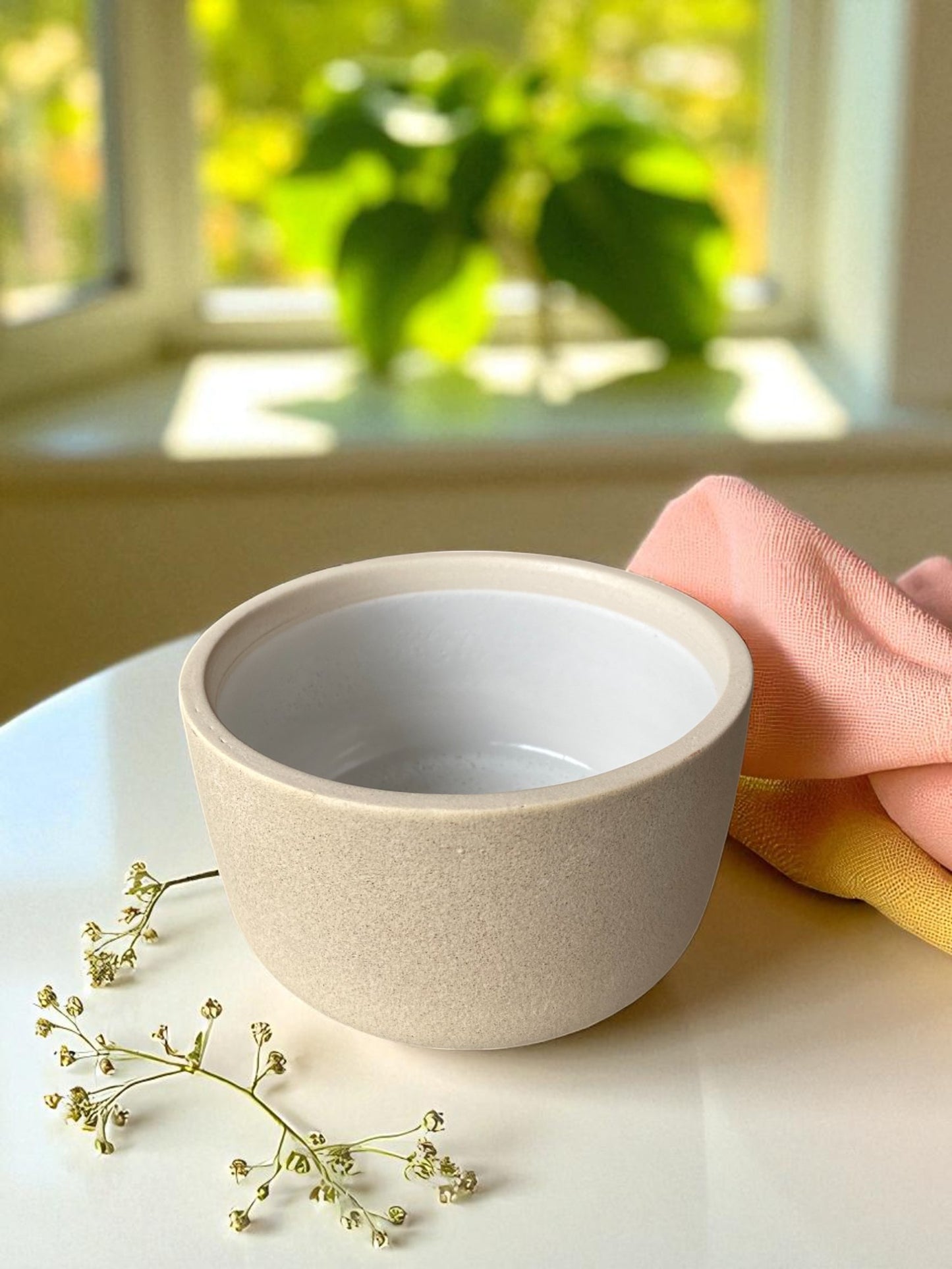 Modern Ceramic Bowl with Matte Sand Exterior and White Interior
