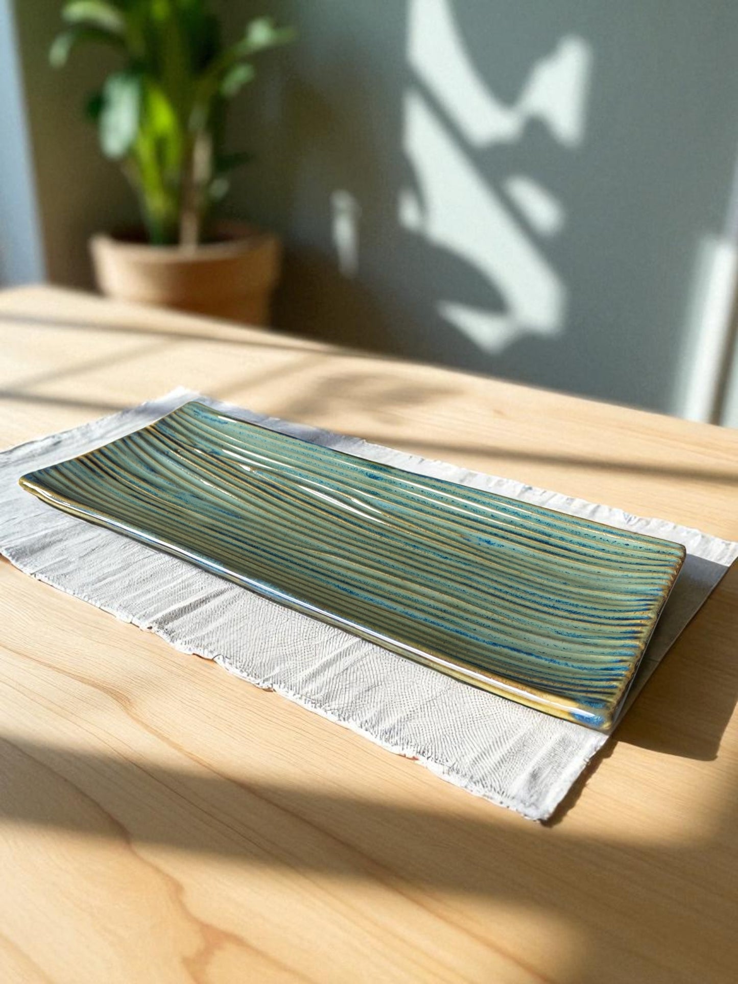 Handcrafted Ceramic Serving Platter, Turquoise Green Striped Pattern, Rectangular Decorative Dish