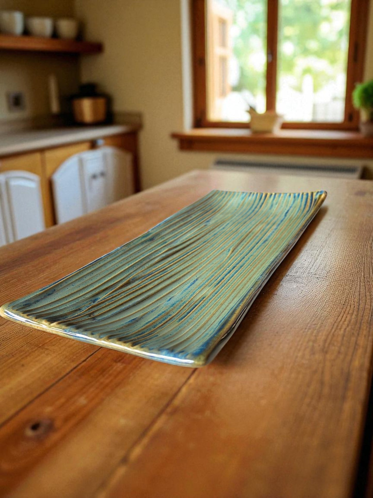 Handcrafted Ceramic Serving Platter, Turquoise Green Striped Pattern, Rectangular Decorative Dish