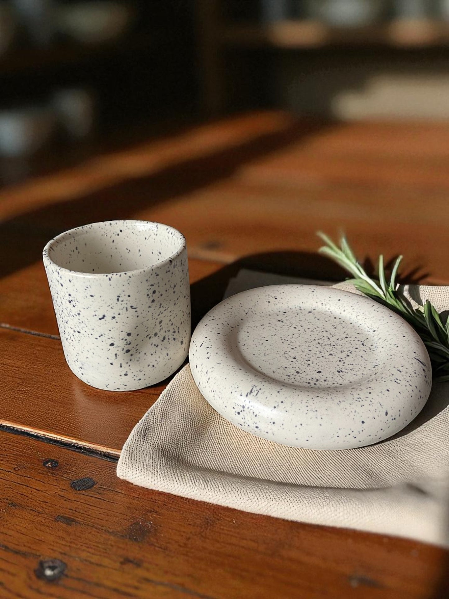 Modern Speckled Ceramic Cup and Saucer Set