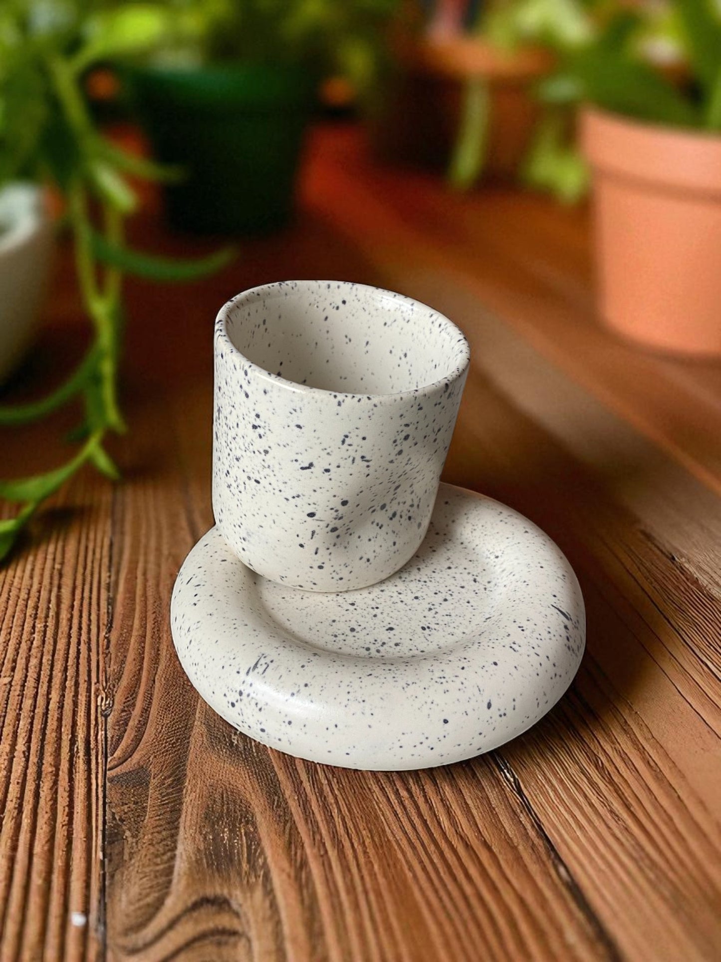 Modern Speckled Ceramic Cup and Saucer Set