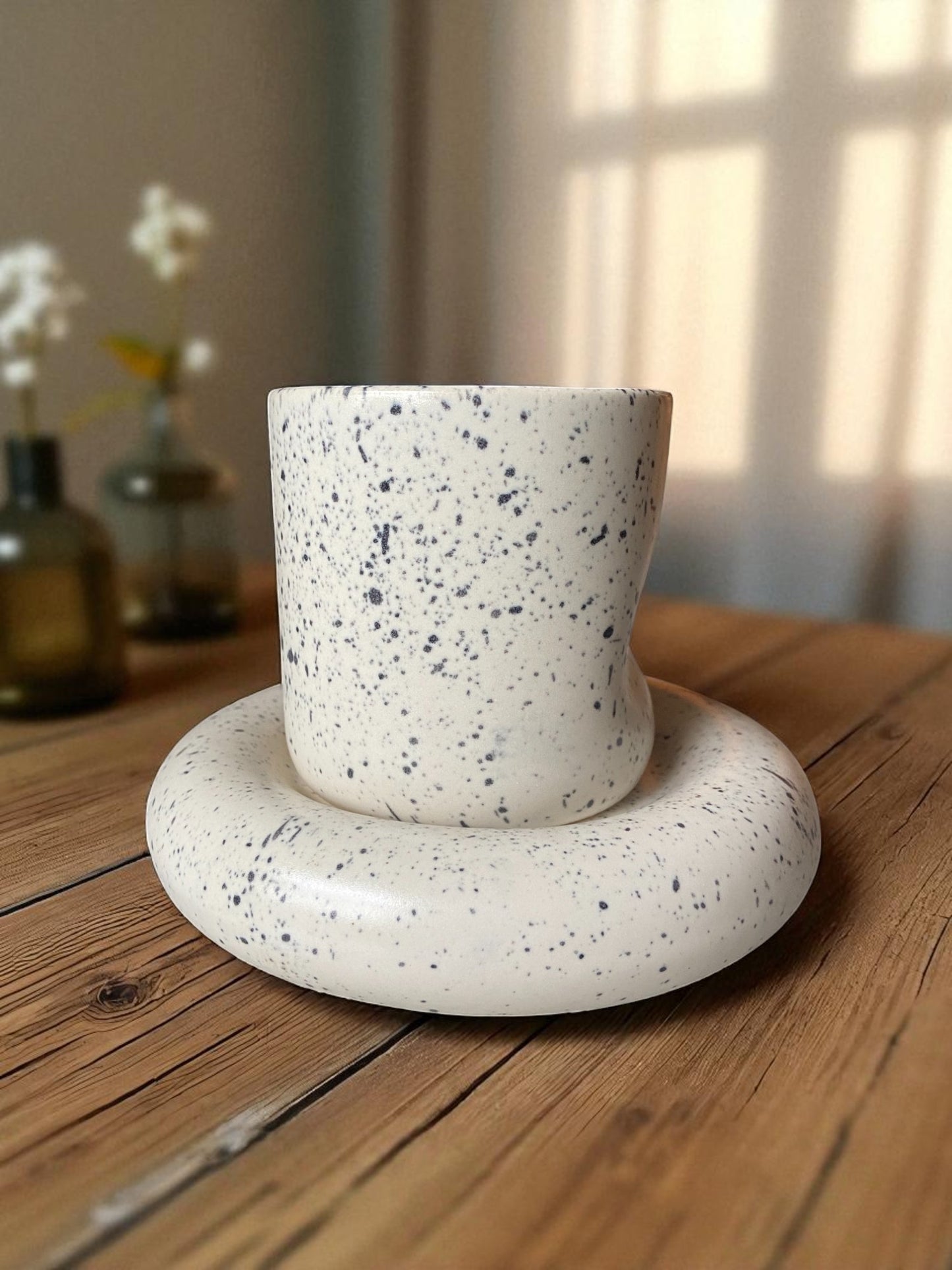 Modern Speckled Ceramic Cup and Saucer Set