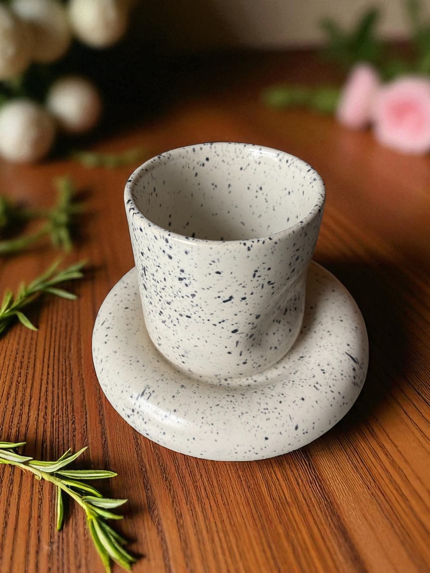 Modern Speckled Ceramic Cup and Saucer Set