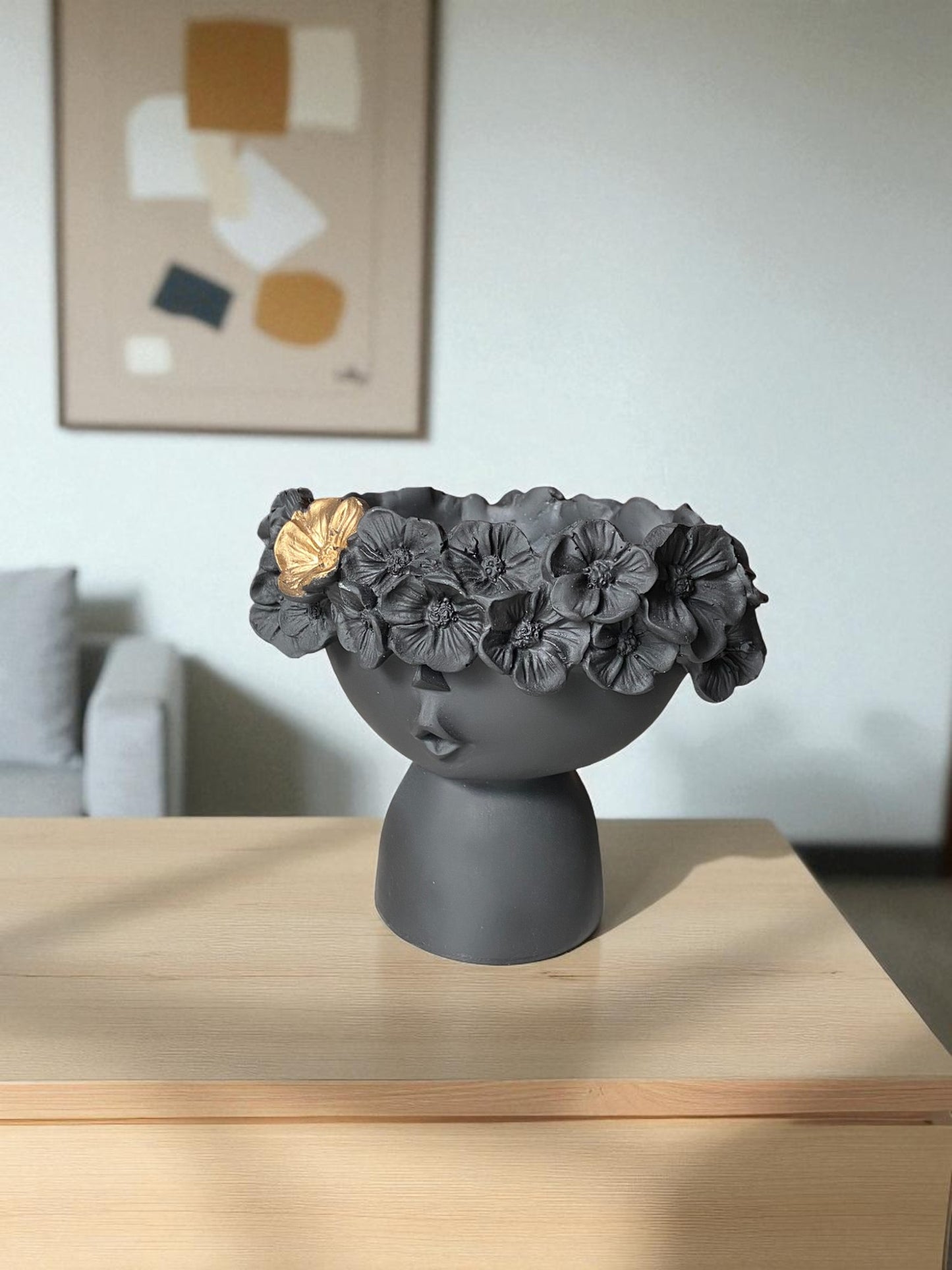 Decorative Girl Face Planter with Floral Crown and Gold Accent