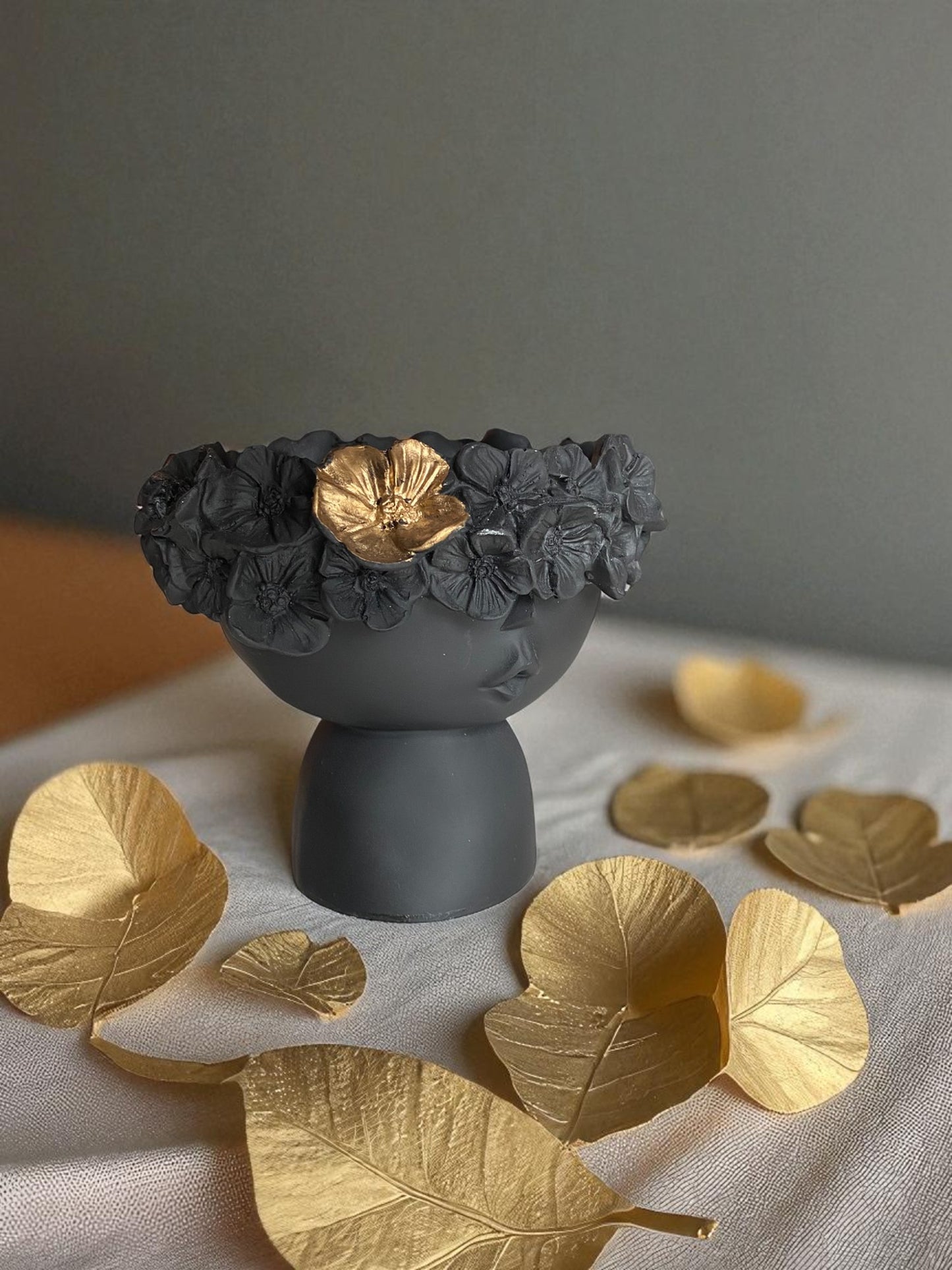 Decorative Girl Face Planter with Floral Crown and Gold Accent