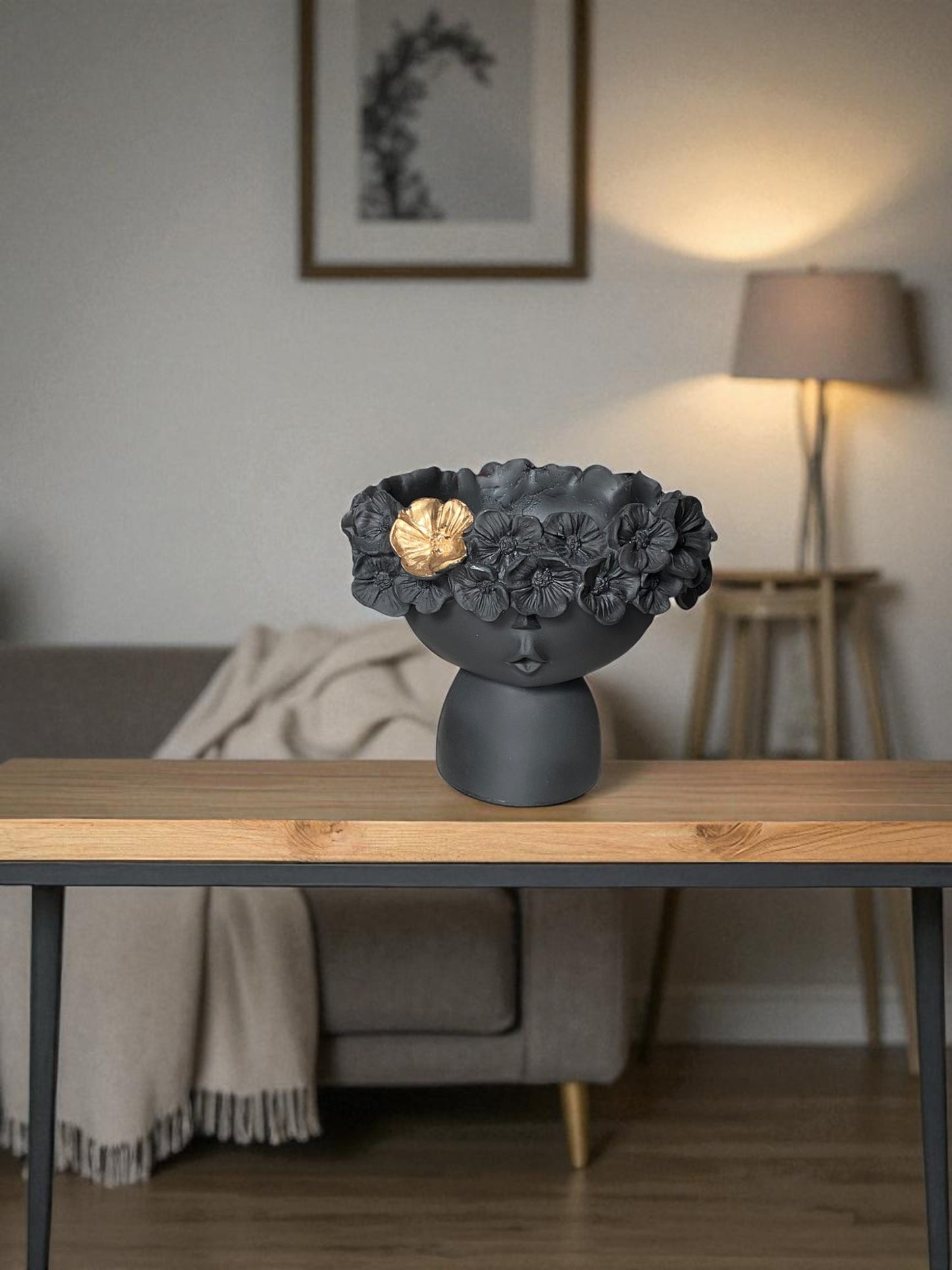 Decorative Girl Face Planter with Floral Crown and Gold Accent