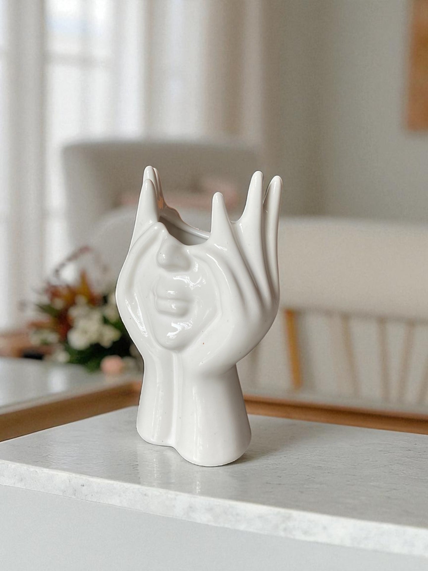 Modern Abstract Face Ceramic Vase, White Decorative Sculpture
