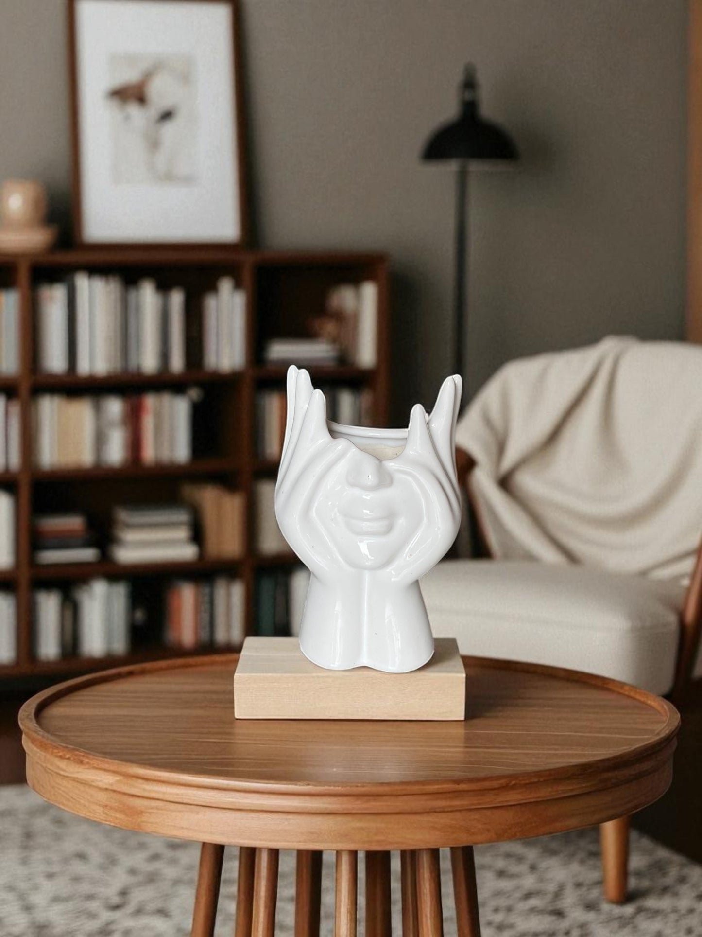 Modern Abstract Face Ceramic Vase, White Decorative Sculpture